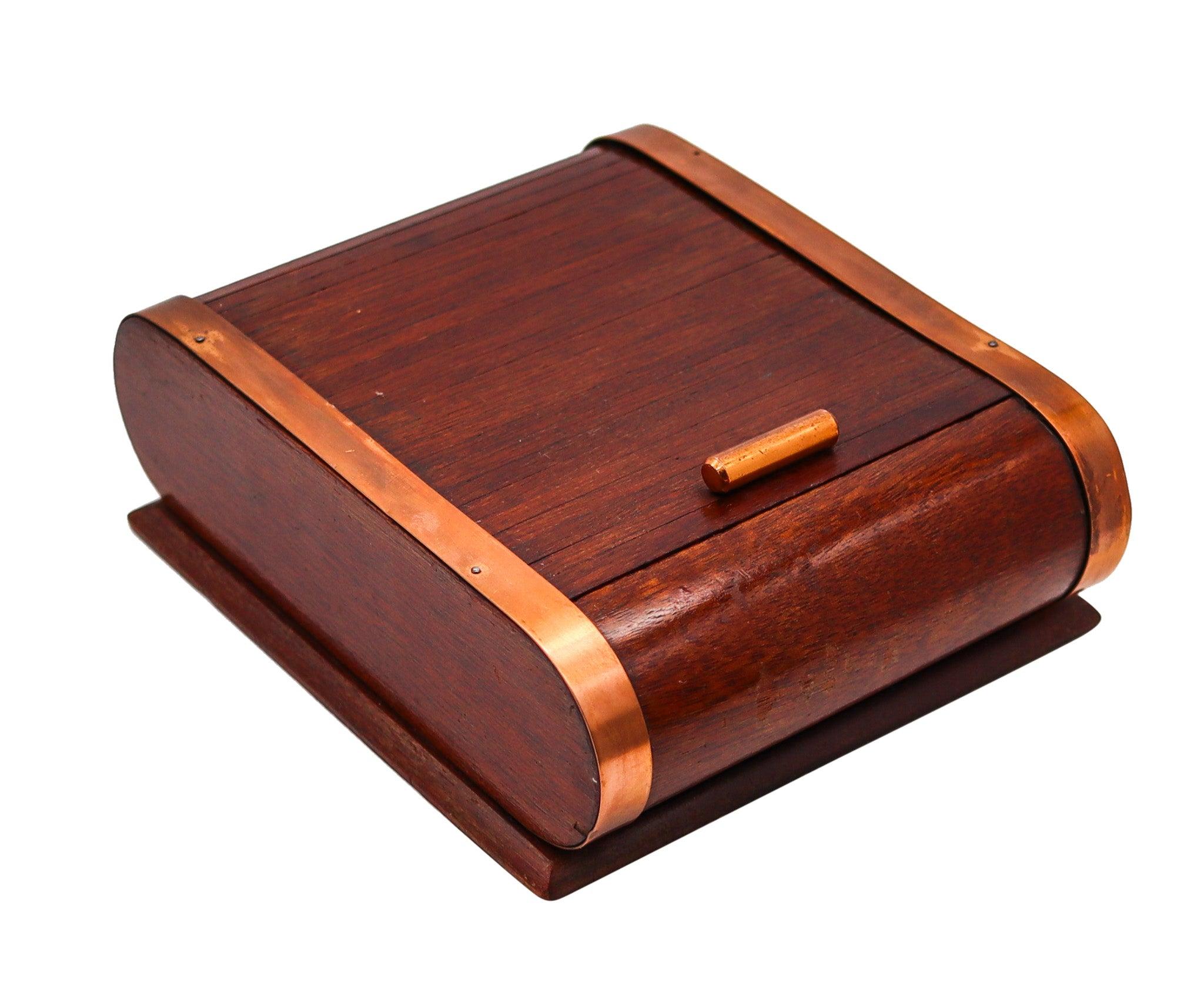 LANCEL PARIS 1937 Art Deco Mechanical Roller Desk Box Mahogany Wood & Copper For Sale