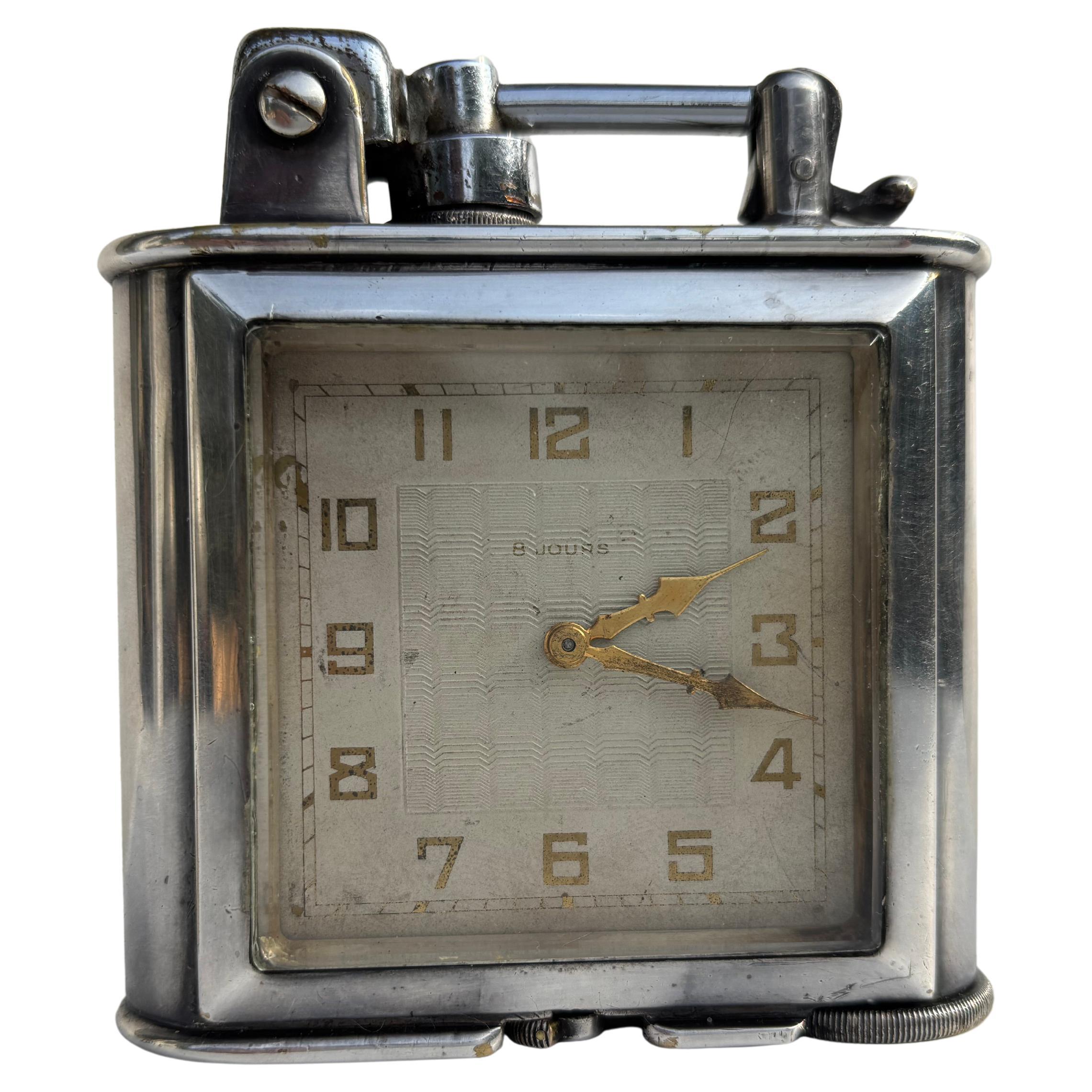 Lancel Paris, table/desk clock lighter Art Deco silver plate . For Sale