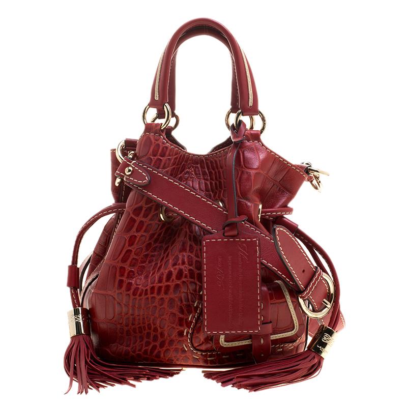 Lancel Red Croc Embossed Leather Small Premier Flirt Bucket Bag