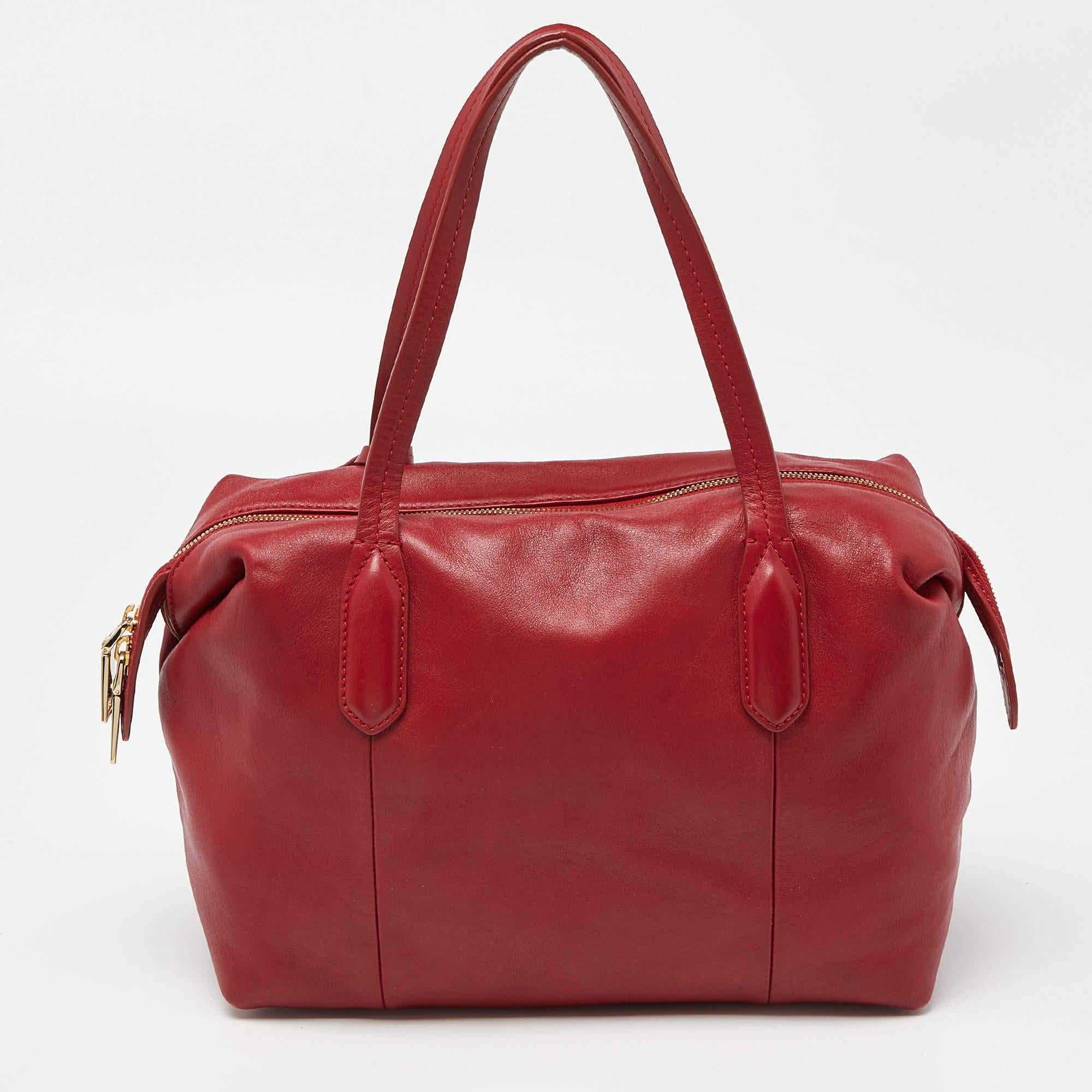 Women's Lancel Red Leather Top Zip Bag For Sale