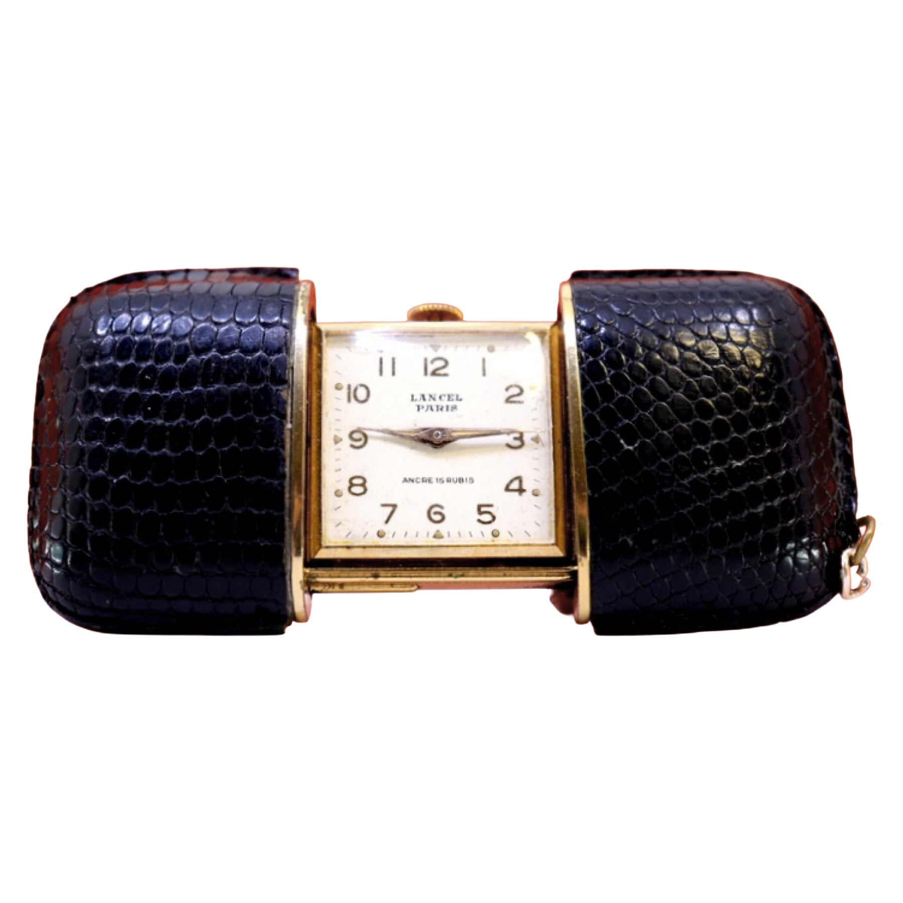 Lancel travel watch with leather case and mechanical system patented in the USA