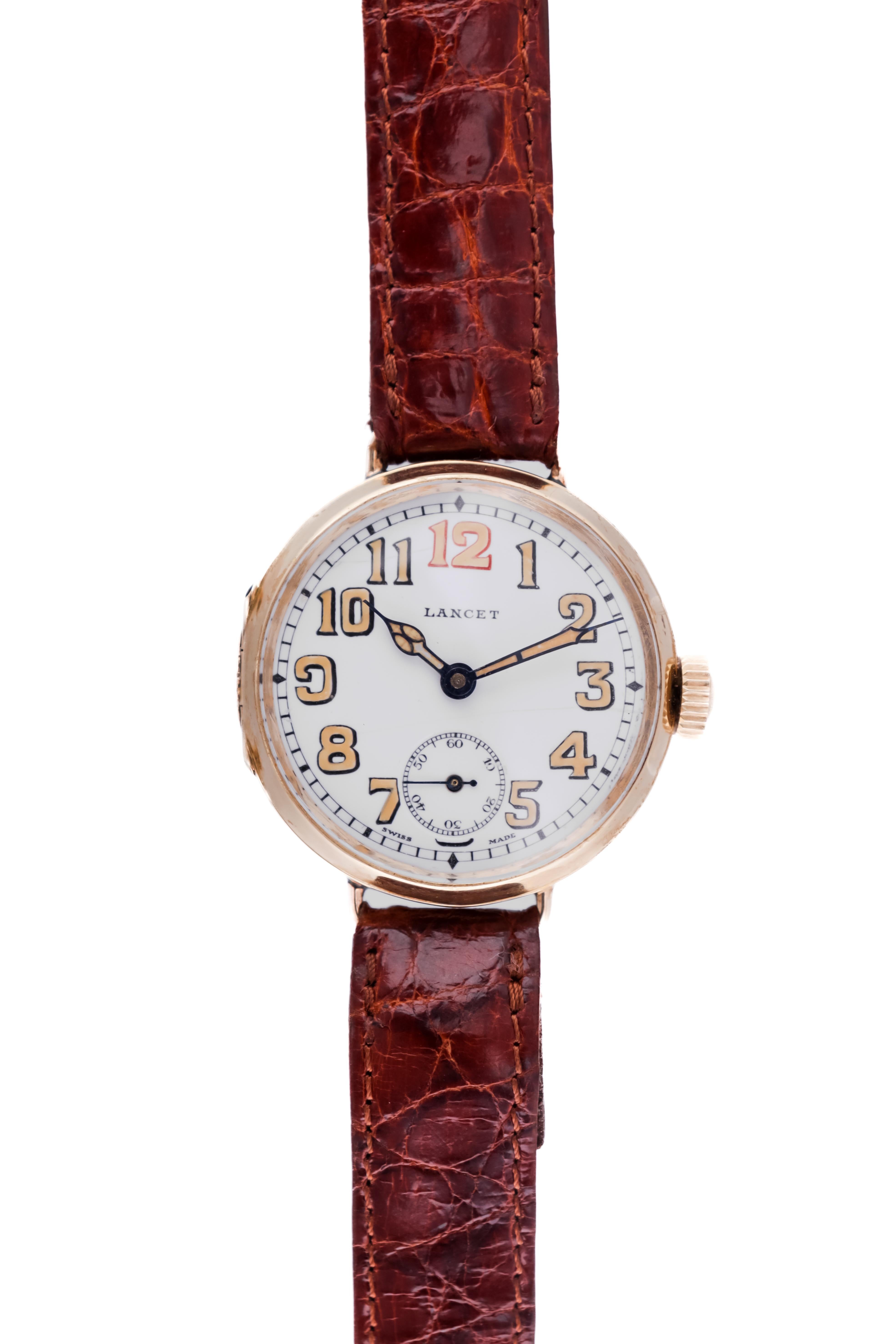 Lancet 18 Kt Yellow Gold Campaign with Kiln Fired Enamel Dial Trench Style 1915 3