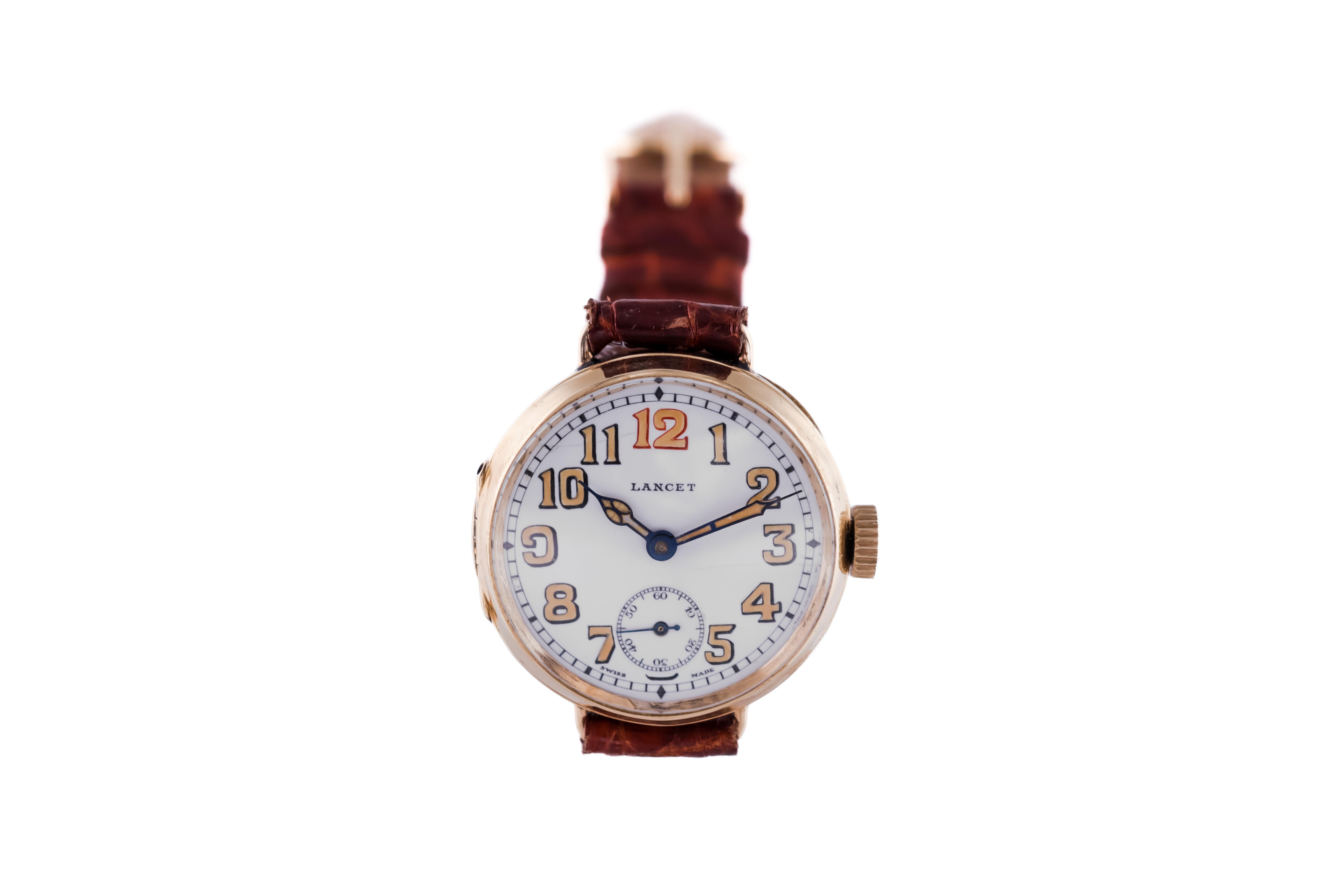 Art Deco Lancet 18 Kt Yellow Gold Campaign with Kiln Fired Enamel Dial Trench Style 1915