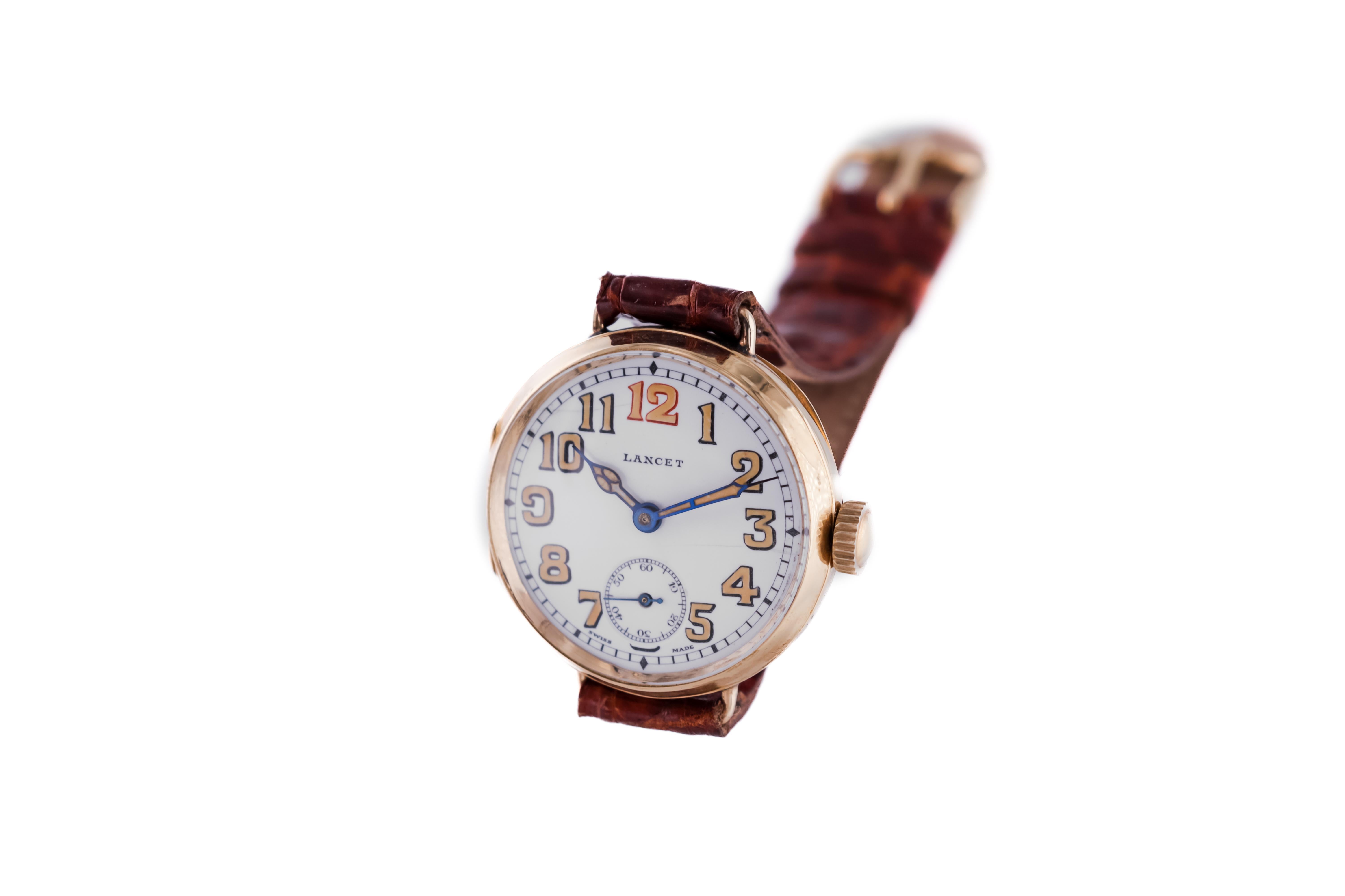 Lancet 18 Kt Yellow Gold Campaign with Kiln Fired Enamel Dial Trench Style 1915 In Excellent Condition In Long Beach, CA