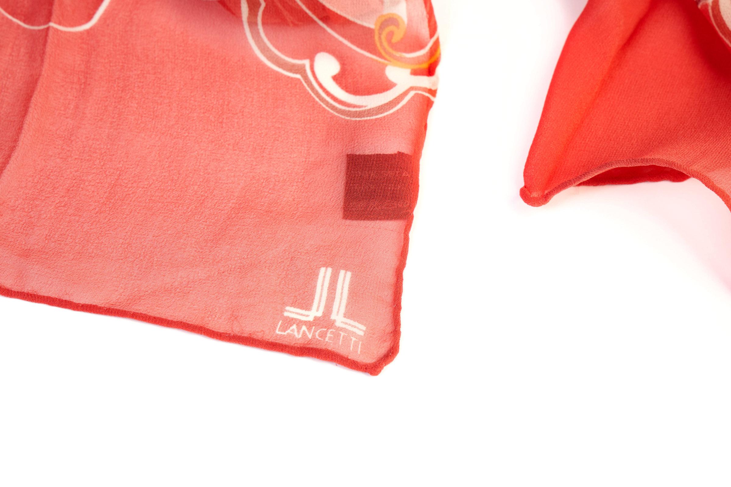 Lancetti vintage coral silk chiffon scarf with floral design. Hand rolled edges. Original care tag.