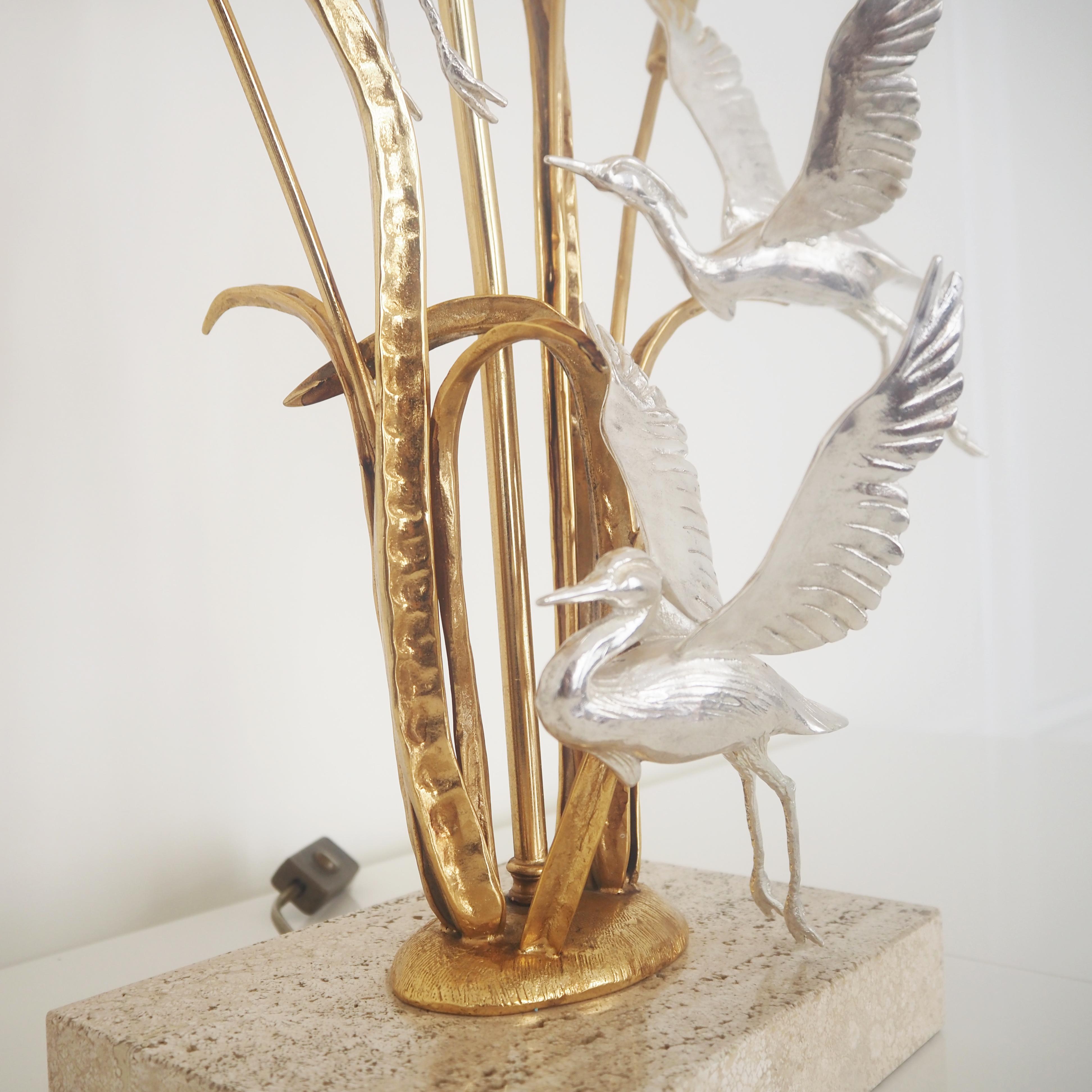 Italian Lanciotto Galeotti Mid-Century Heron Table lamp in Gilded&Silvered Brass, Italy For Sale