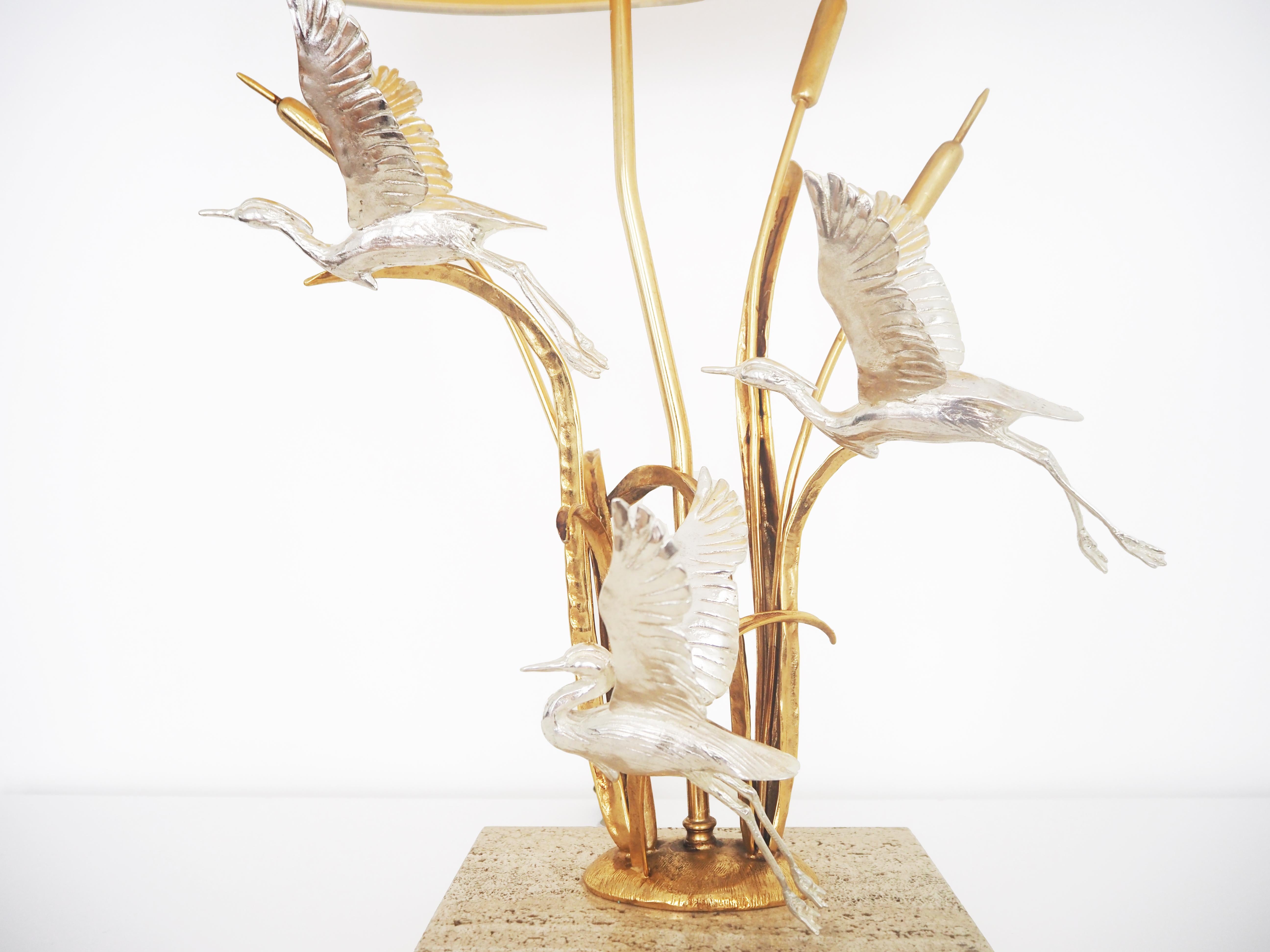 Dorato Lanciotto Galeotti Lampada da tavolo Heron di metà secolo in ottone dorato e argentato, Italia in vendita