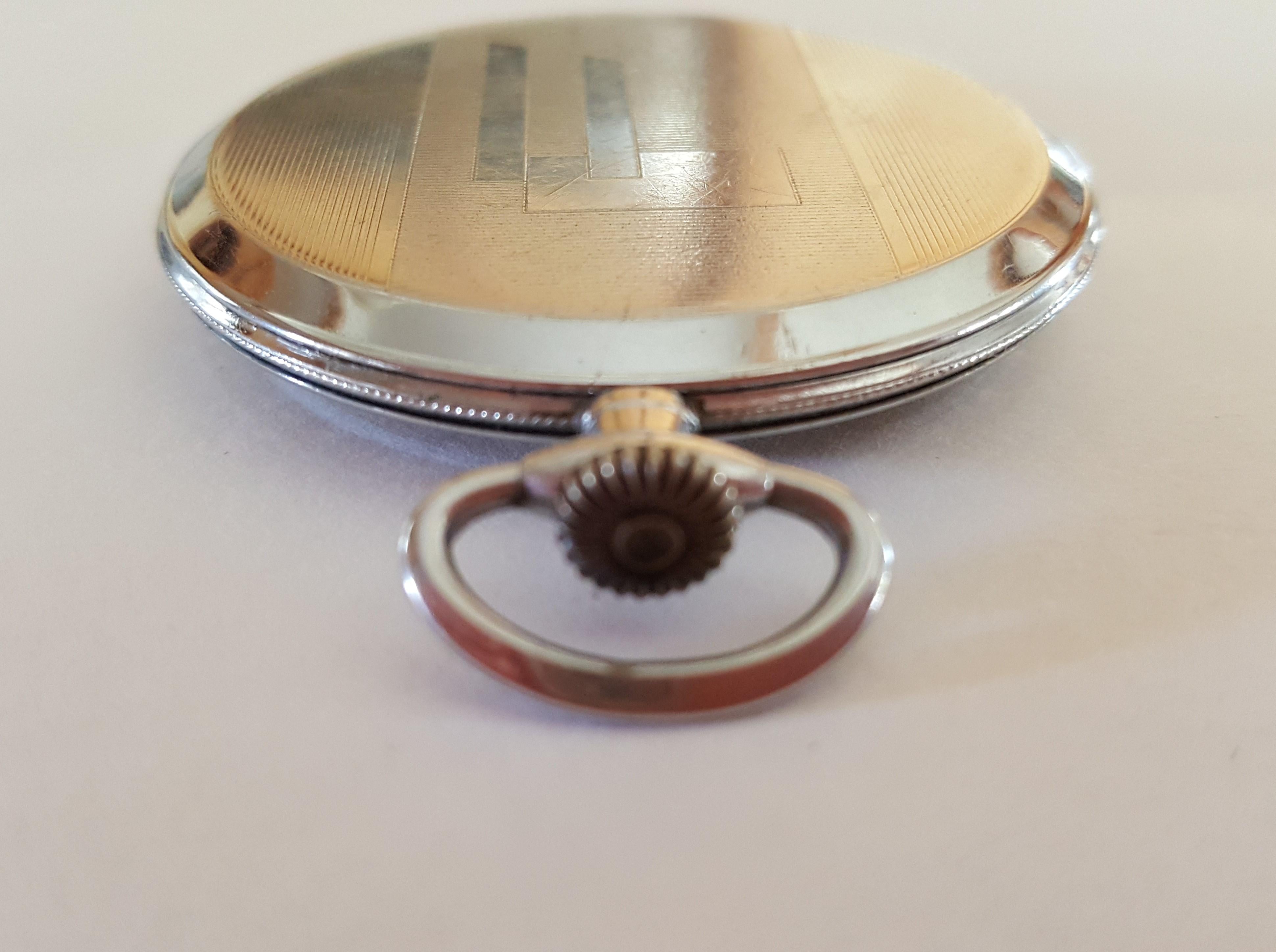 Lanco Pocket Watch 1950s, Chrome Case, Working, Slim Modern Design, 15 Jewel In Good Condition For Sale In Rancho Santa Fe, CA