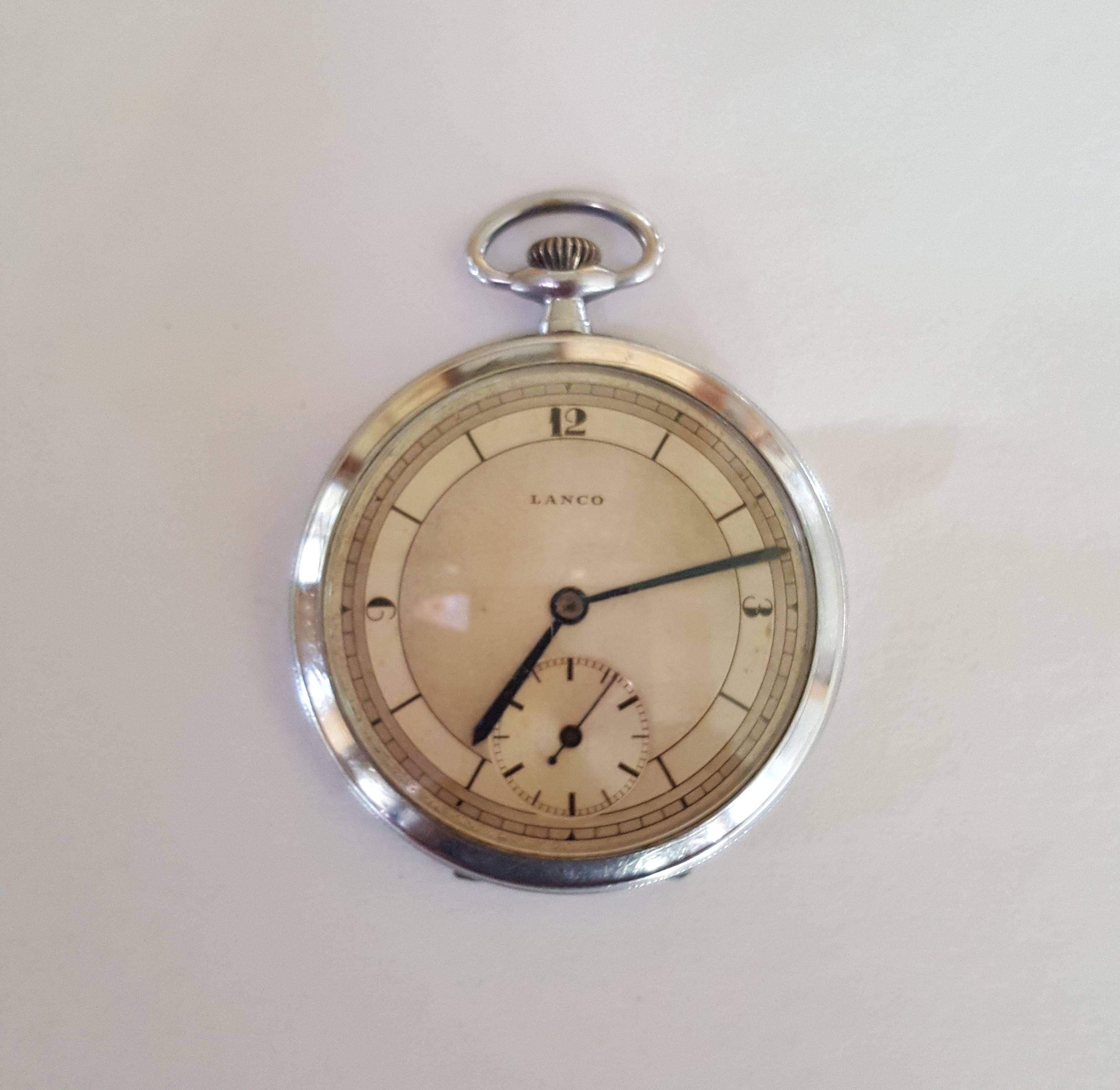 Lanco Pocket Watch 1950s, Chrome Case, Working, Slim Modern Design, 15 Jewel en vente 1