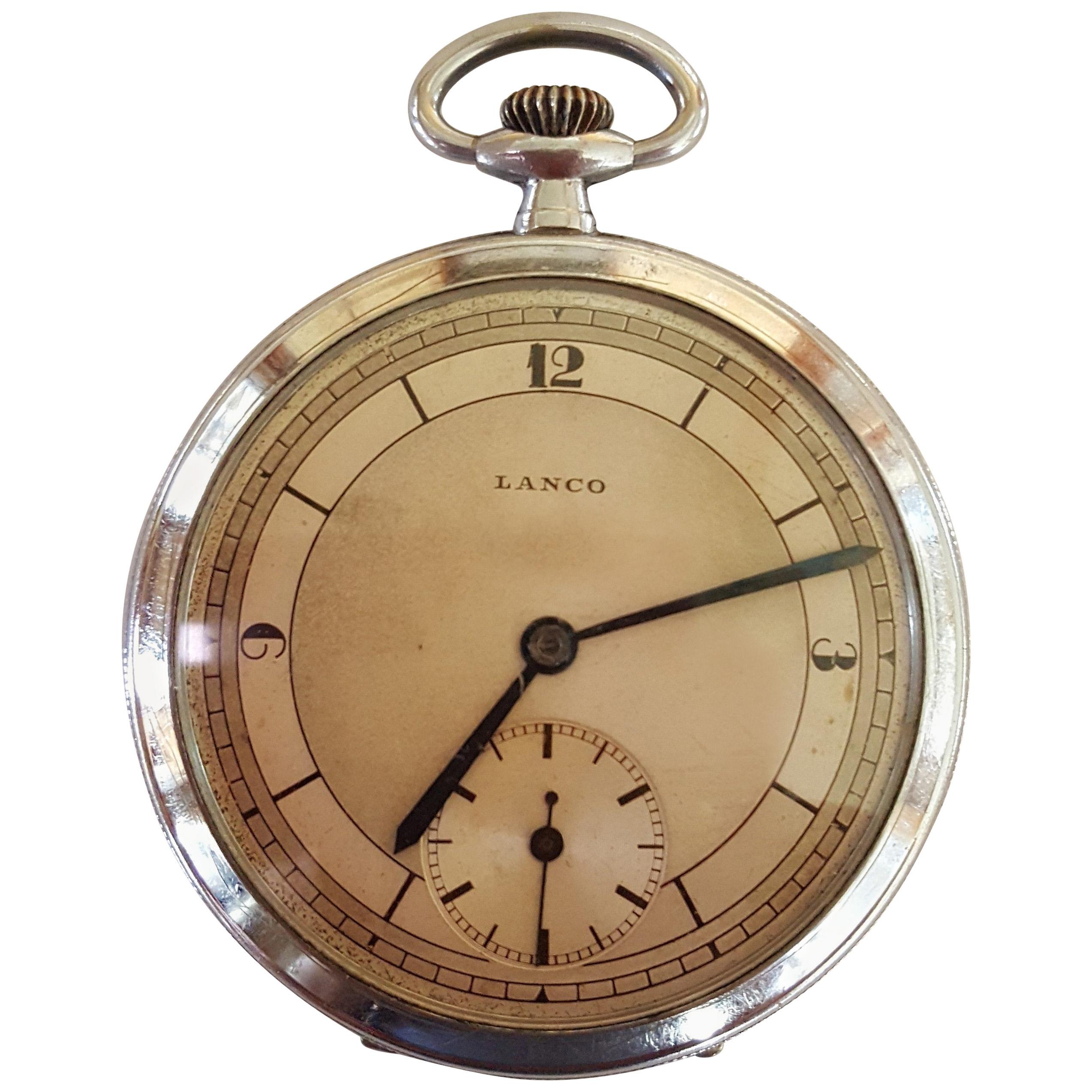 Lanco Pocket Watch 1950s, Chrome Case, Working, Slim Modern Design, 15 Jewel For Sale