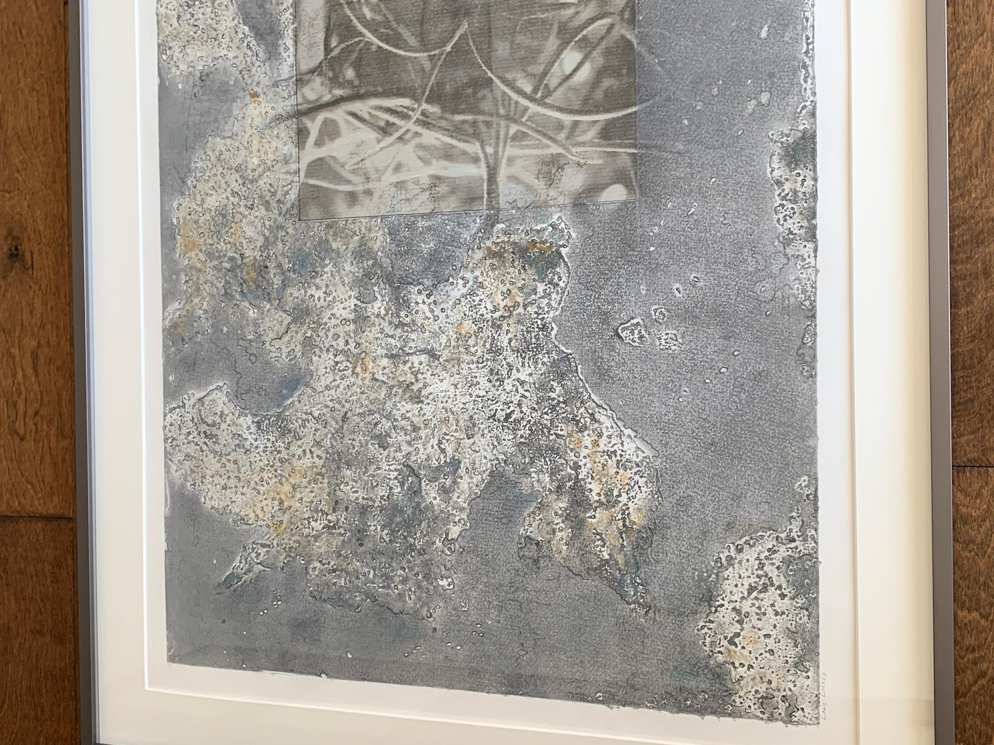 'Land Locked', Laurie Carnohan, 2017.
Edition: 1/1
Collagraph with mixed media.
Measures: 3.75in W x 24.25in H x 1.25in D (framed)
Signed, dated, and framed.

You can find more original work by this artist in our L'Objet Bleu storefront on