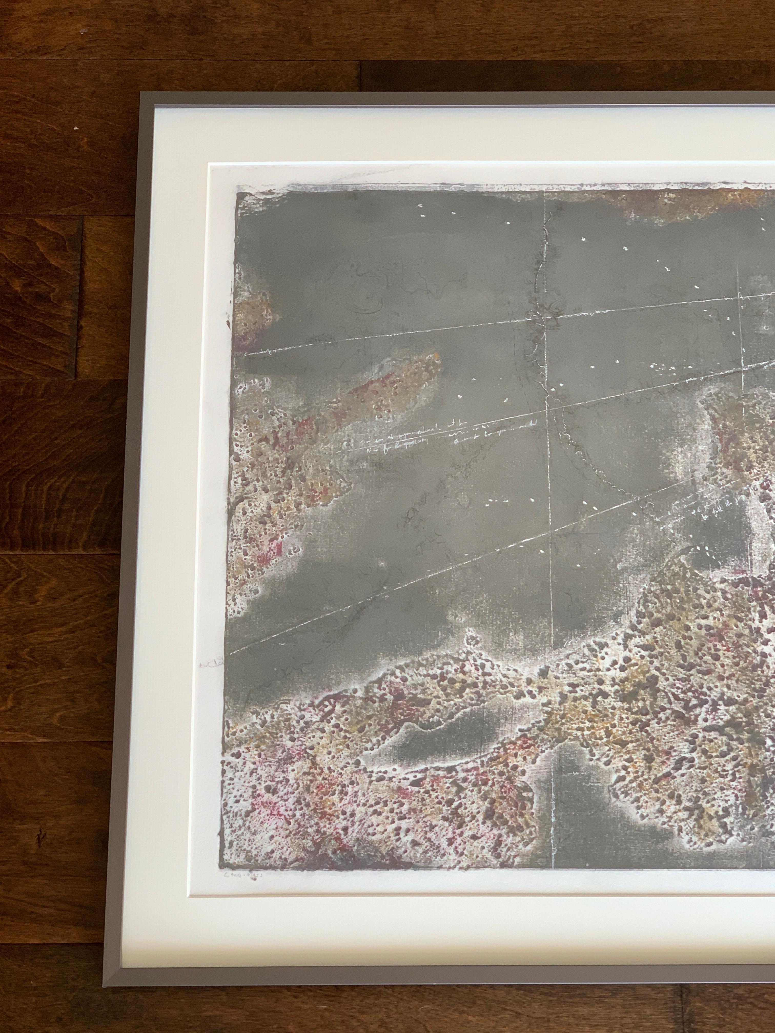 'Land Mass', Laurie Carnohan, 2018.
Edition: 1/1
Collagraph with mixed-media.
30.75in W x 24.25in H x 1.25in D (framed)
Signed, dated, and framed.

You can find more original work by this artist in our L'Objet Bleu storefront on