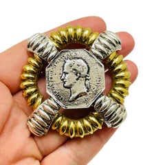 LANDAU signed vintage gold silver tone coin massive designer brooch