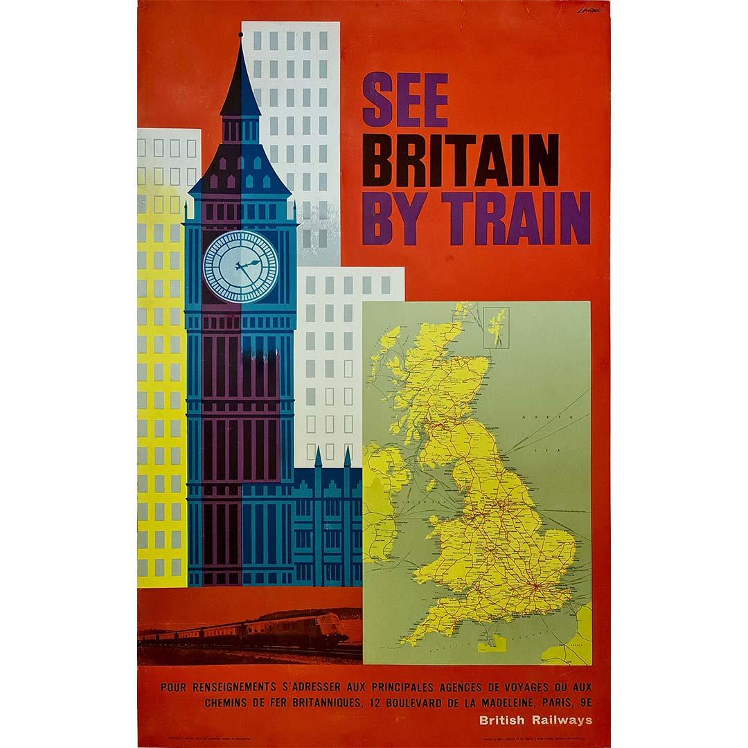 Das Originalplakat von Lander aus dem Jahr 1960 mit dem Titel "See Britain by train British Railways - Londres" (Großbritannien mit dem Zug erkunden - Londres) spiegelt den Entdecker- und Abenteuergeist der britischen Nachkriegszeit wider. Dieses