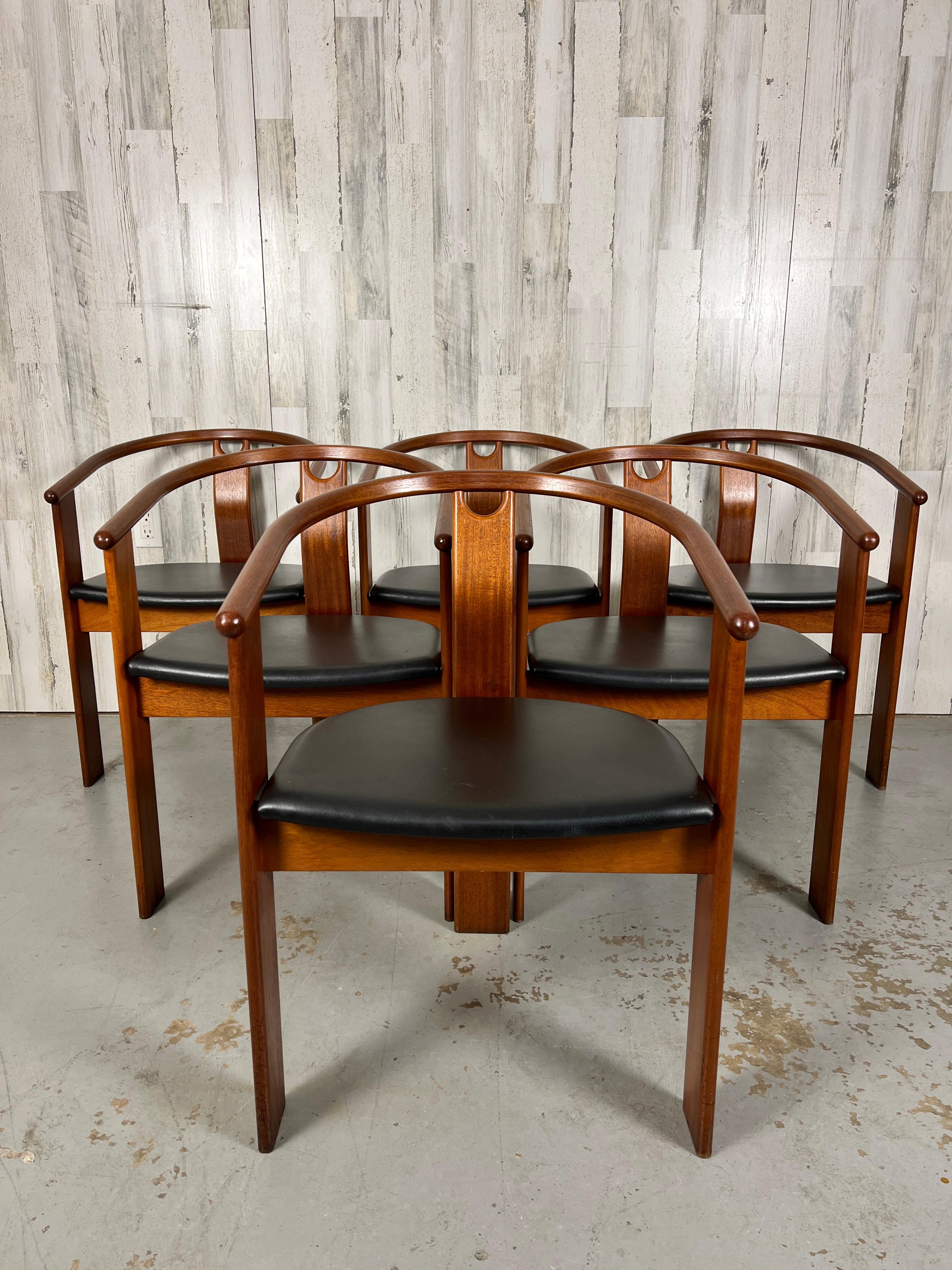 Landerholm & Lund for Frederica stolefabrik tripod dining chairs. Mahogany armchairs with bentwood wishbone frames & black vinyl seats.
