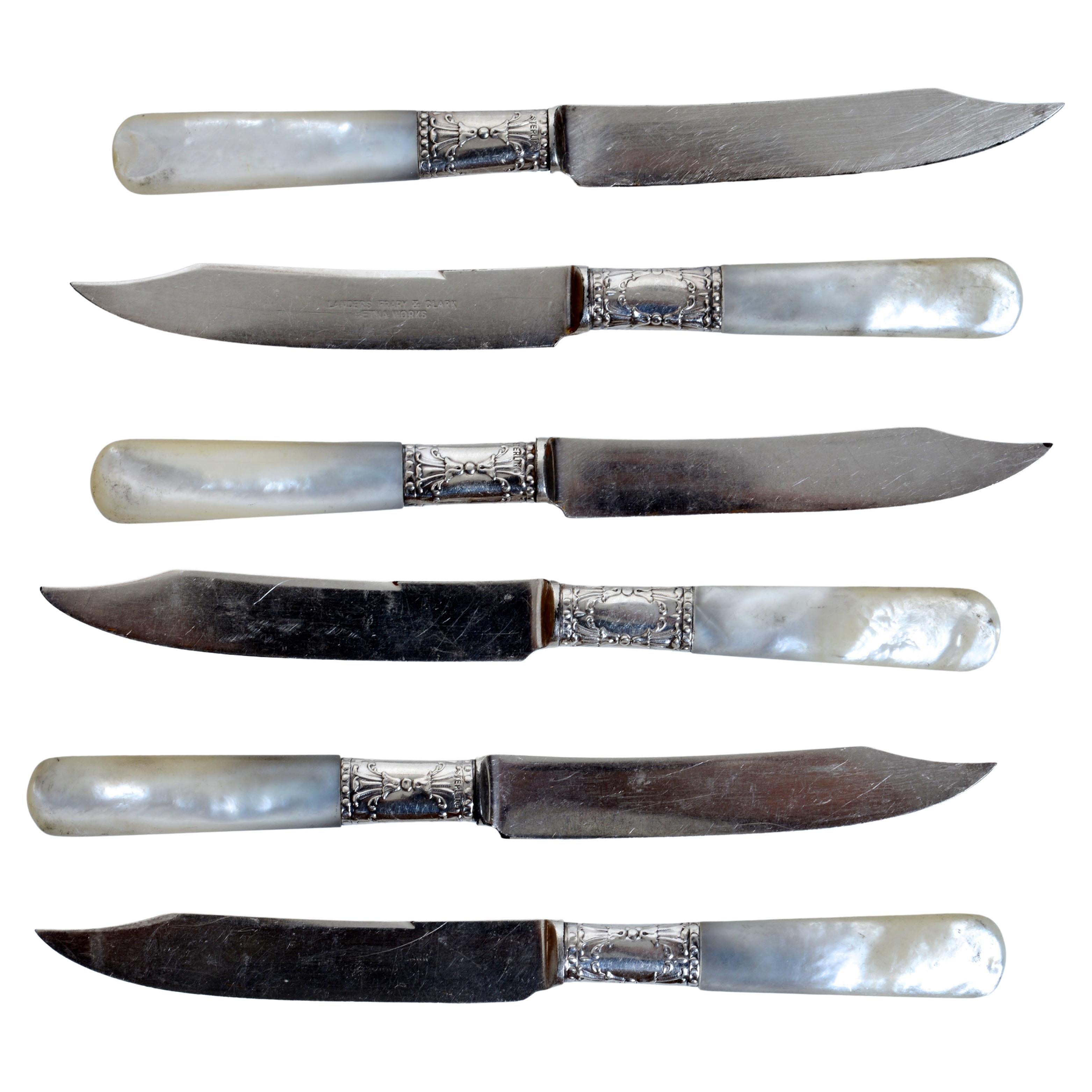 Landers Frary 
Clark 6 Knives, Mother Of Pearl Handles With Sterling Bands en venta