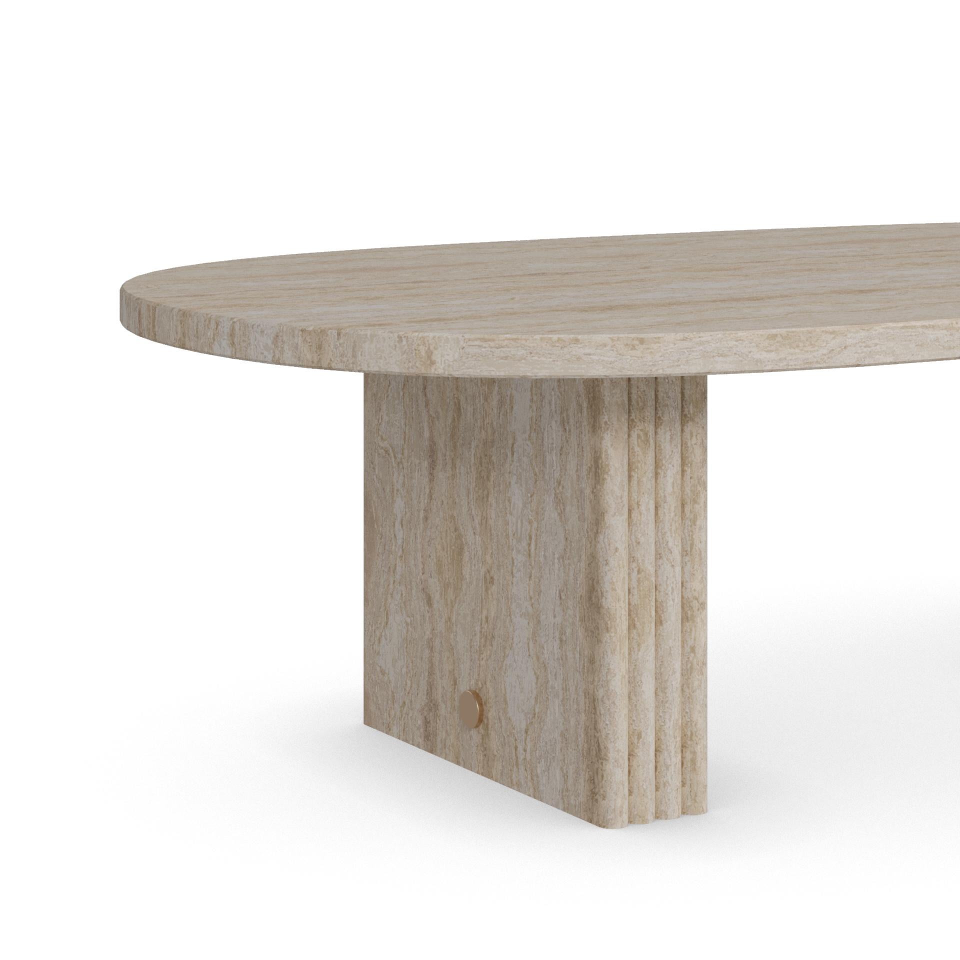 Portugais Landi Coffee Table by Nolita Harbour: Travertine Stone Table with Brass Details. en vente