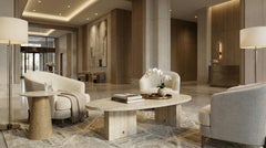 Landi Coffee Table by Nolita Harbour: Travertine Stone Table with Brass Details.