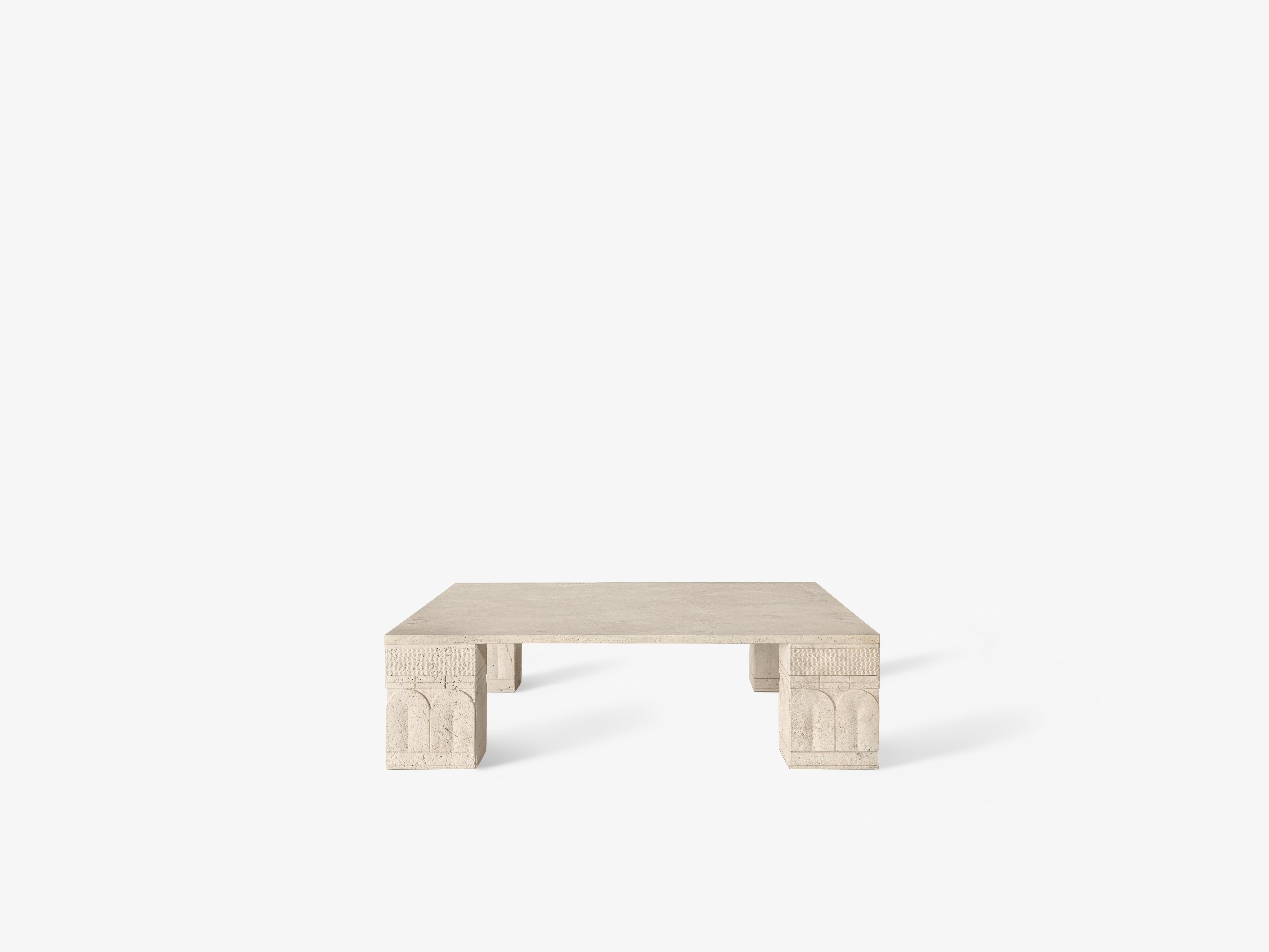 Landin Coffee Table by OHLA STUDIO
Dimensions: D 110 x W 110 x H 30 cm 
Materials: Travertine de Veracruz.
130 kg

This collection draws upon the earliest known works of representational art. From crude symbols painstakingly chipped into cave walls,