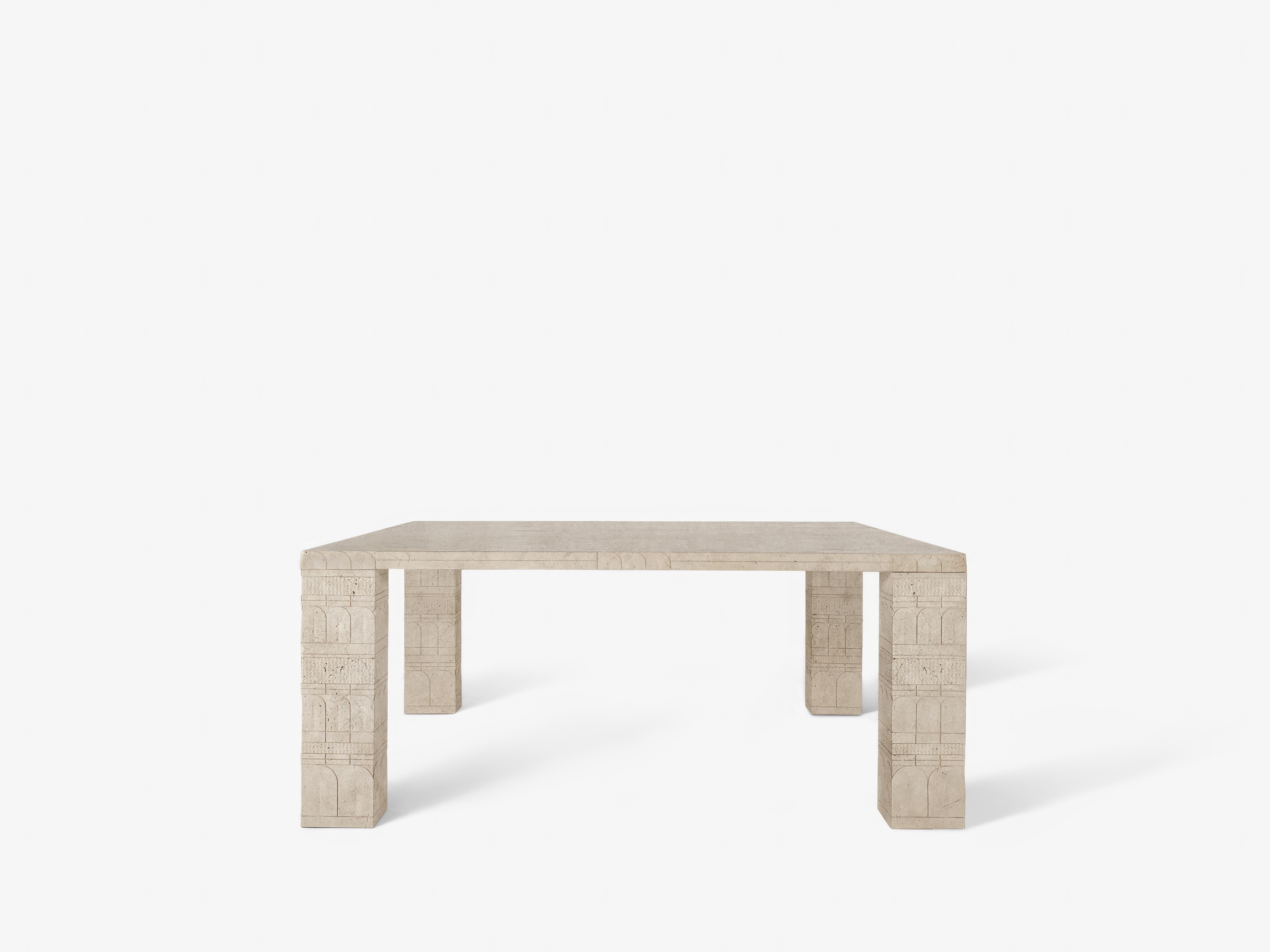Landin Dining Table by OHLA STUDIO
Dimensions: D 180 x W 180 x H 76 cm 
Materials: Travertine de Veracruz.
Weight:420 kg

This collection draws upon the earliest known works of representational art. From crude symbols painstakingly chipped into cave