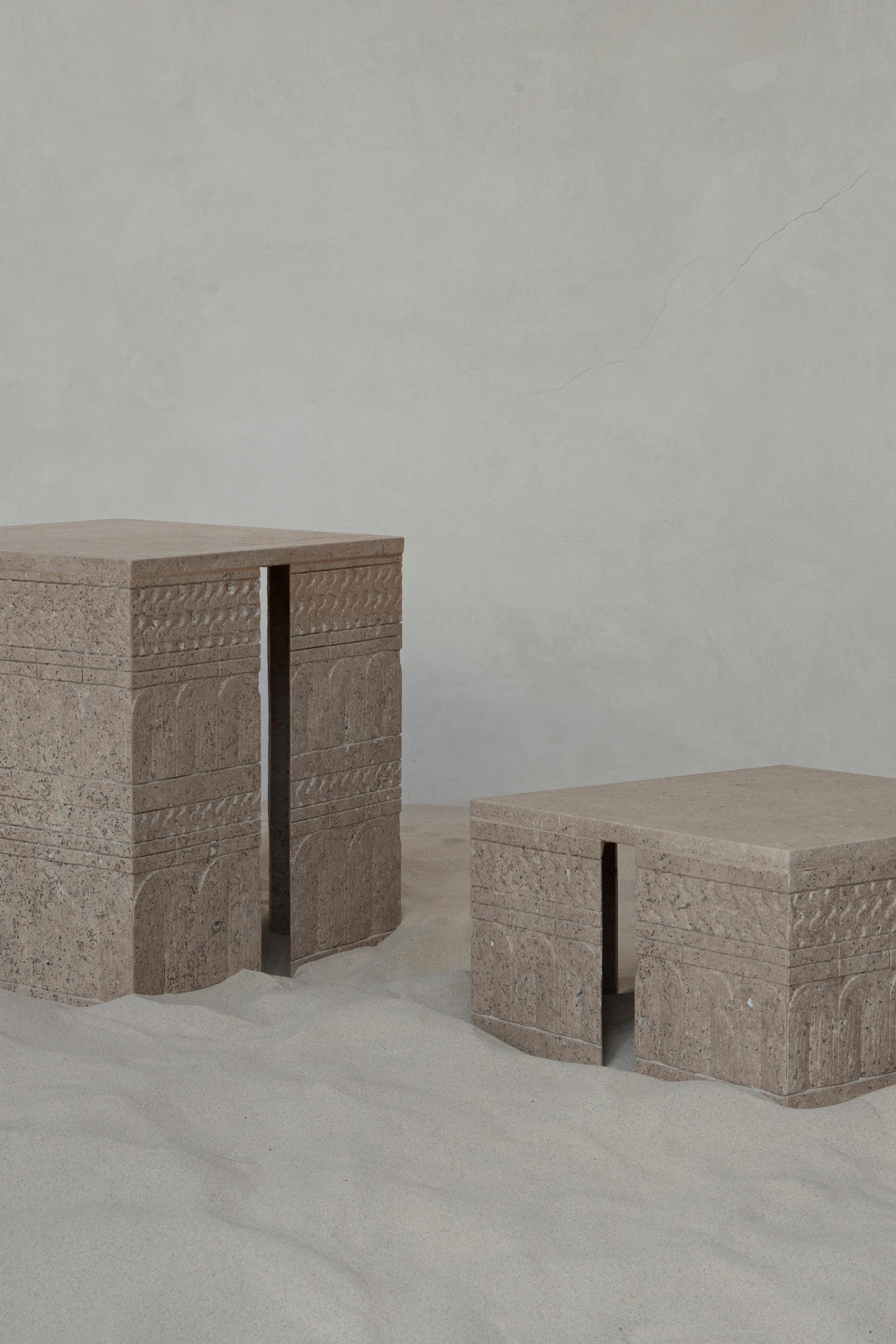 Travertine Landin Side Table by OHLA STUDIO For Sale