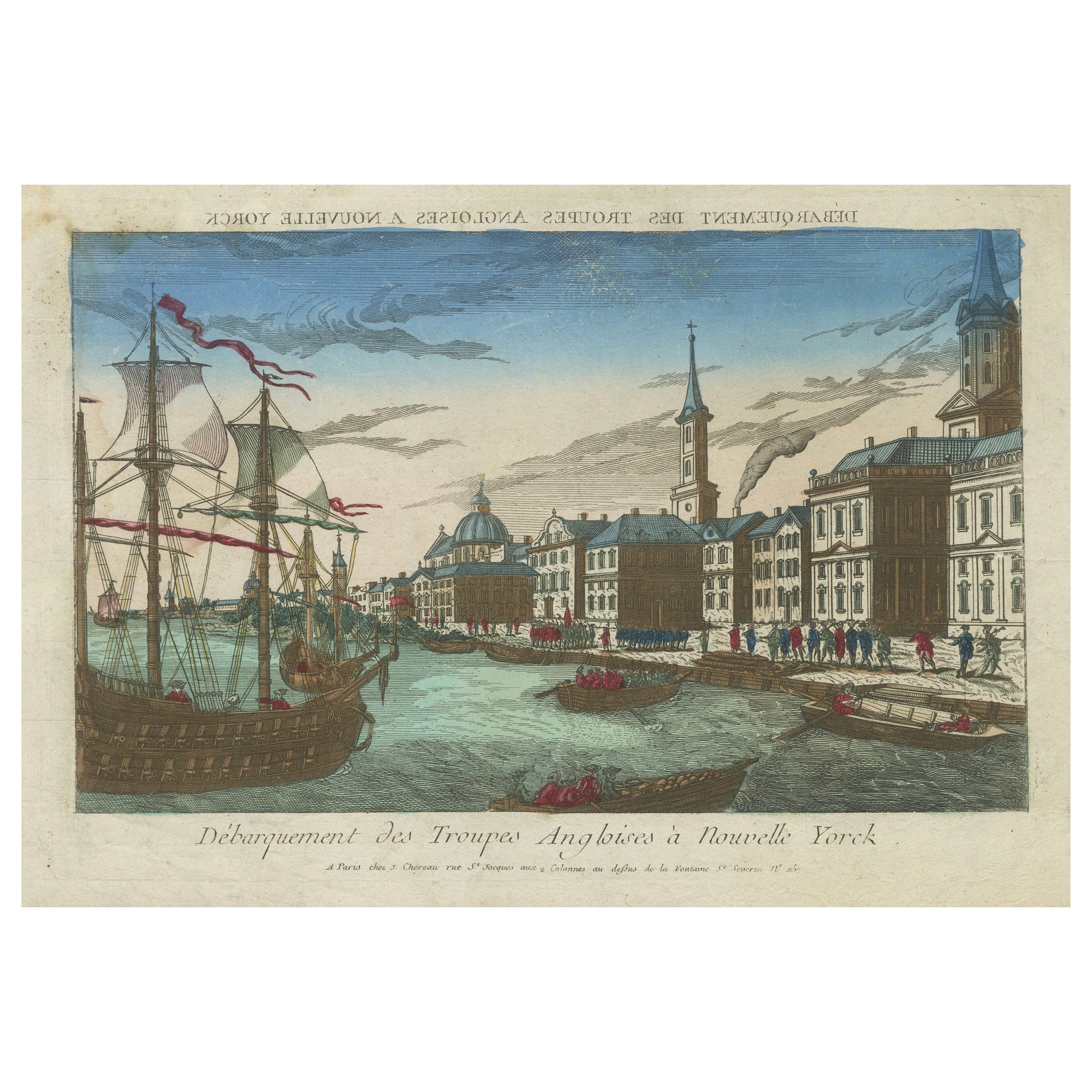 Landung der britischen Truppen in New York - handkolorierte optische Ansicht, ca. 1776