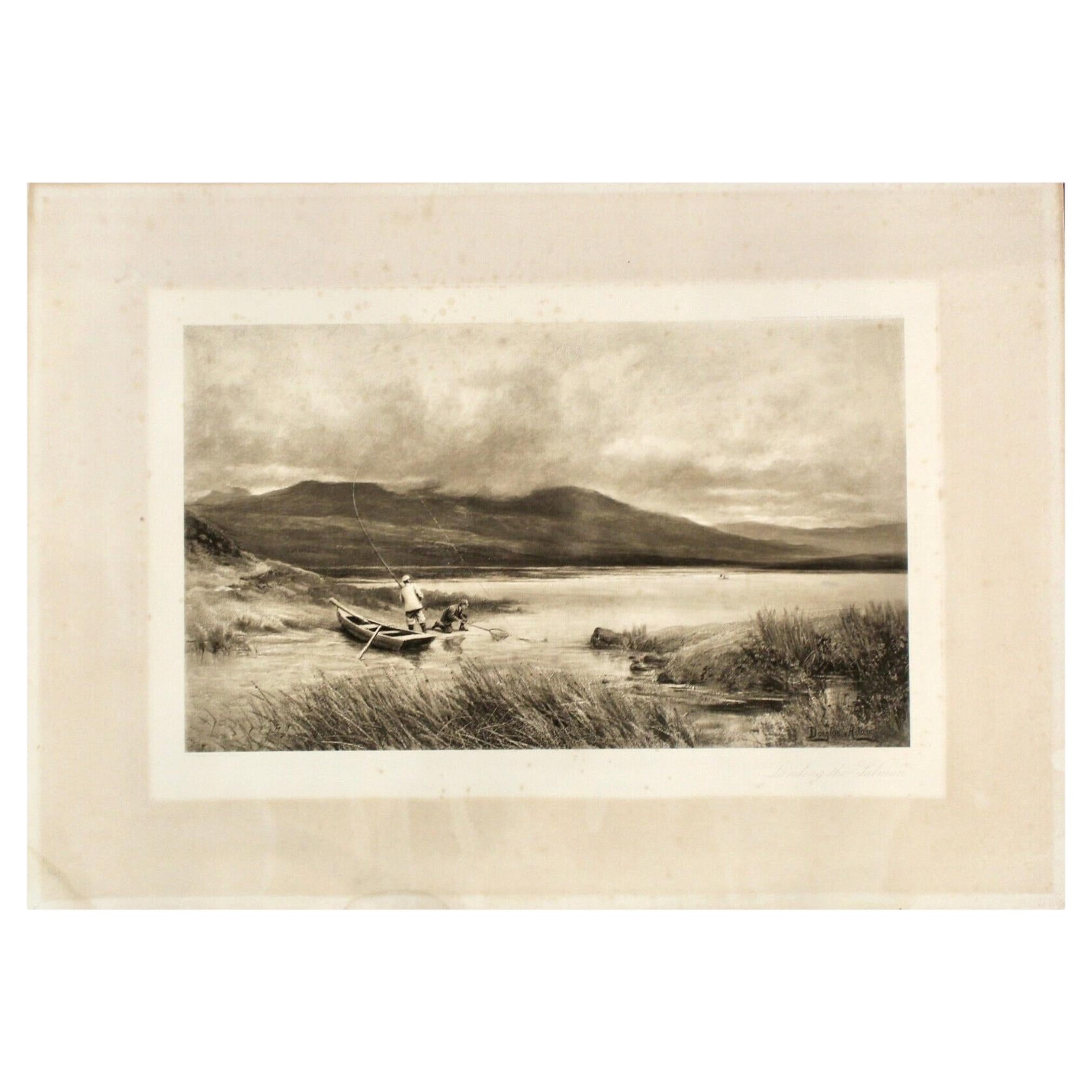 "Desembarcar el salmón" de Douglas Adams, Grabado de pesca, 1893 en venta