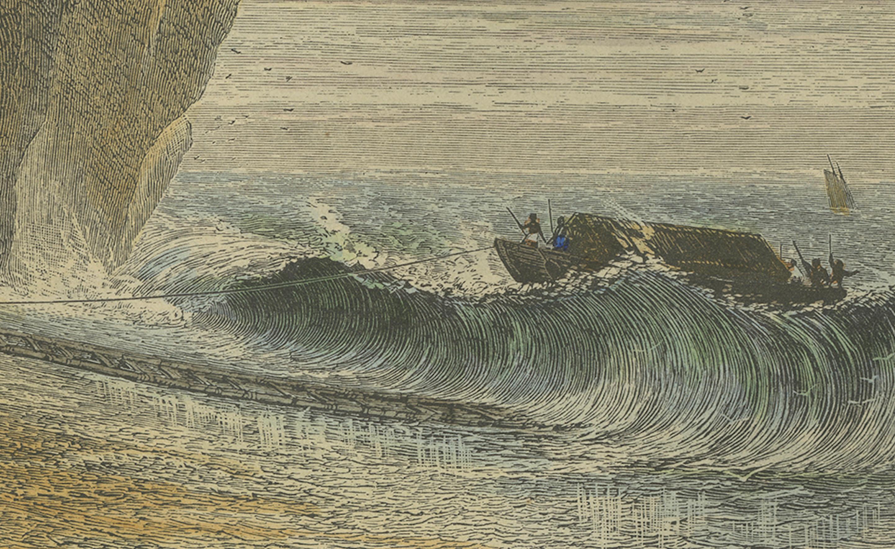 Landing Through the Surf – Ceram, late 19th-century hand-coloured wood engraving

Description:
A vivid late 19th-century hand-coloured wood engraving depicting a dramatic coastal landing on the island of Ceram (Seram) in the Maluku Islands,