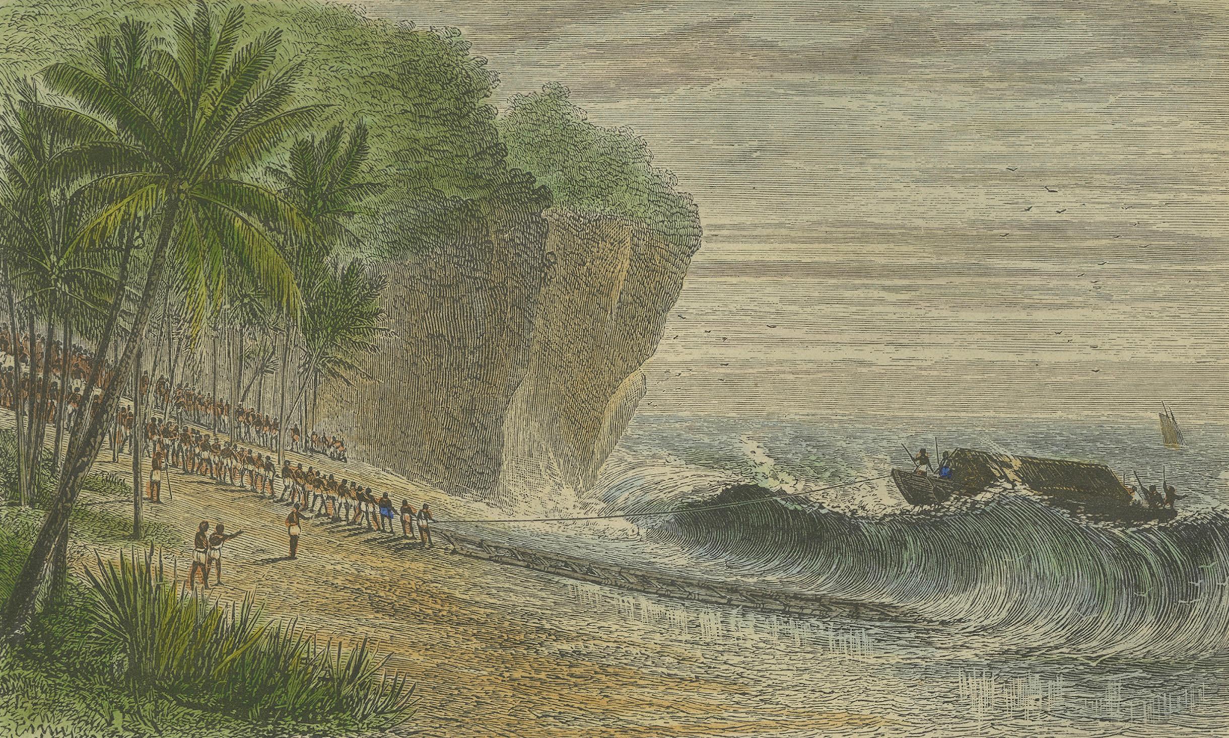 English Landing Through the Surf – Ceram, late 19th-century hand-coloured wood engraving For Sale