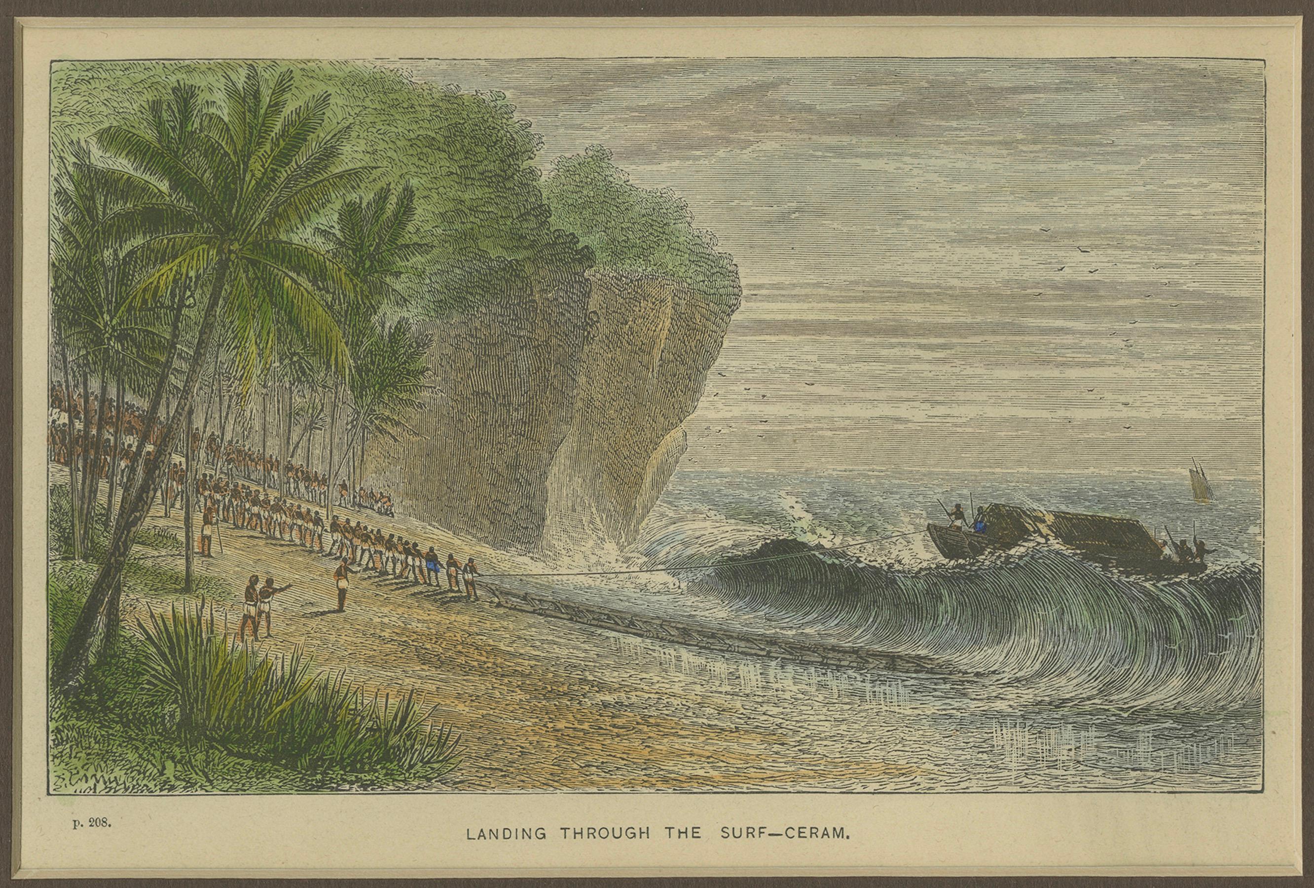 Engraved Landing Through the Surf – Ceram, late 19th-century hand-coloured wood engraving For Sale