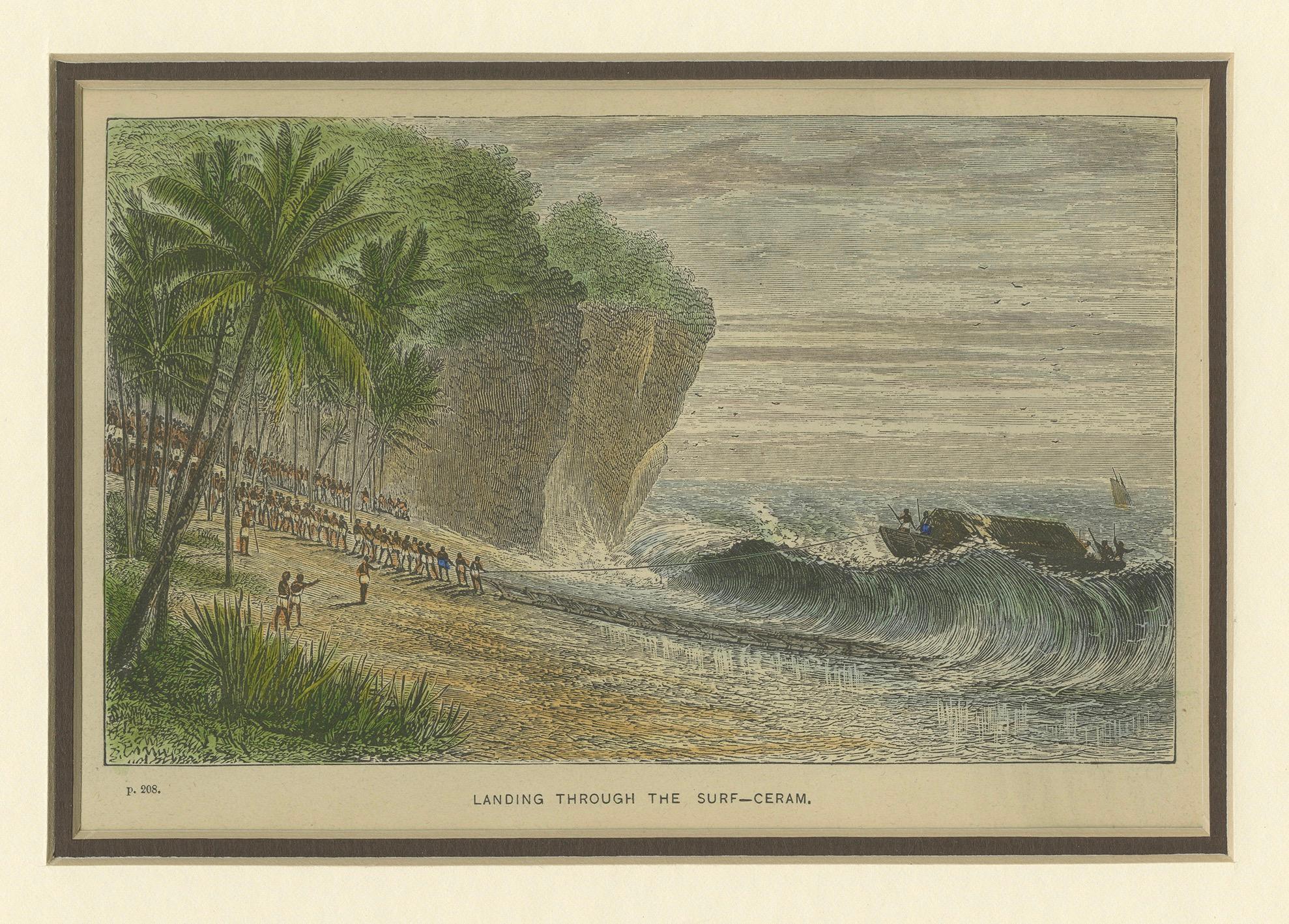 Landing Through the Surf – Ceram, late 19th-century hand-coloured wood engraving In Good Condition For Sale In Langweer, NL