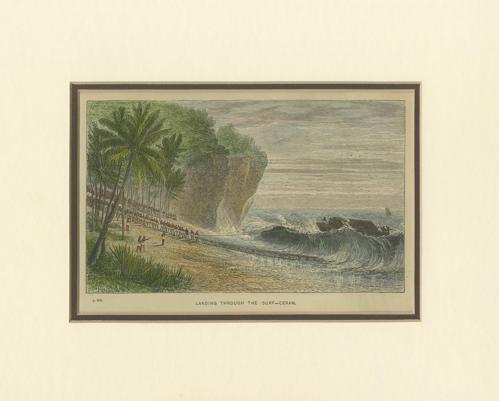 19th Century Landing Through the Surf – Ceram, late 19th-century hand-coloured wood engraving For Sale