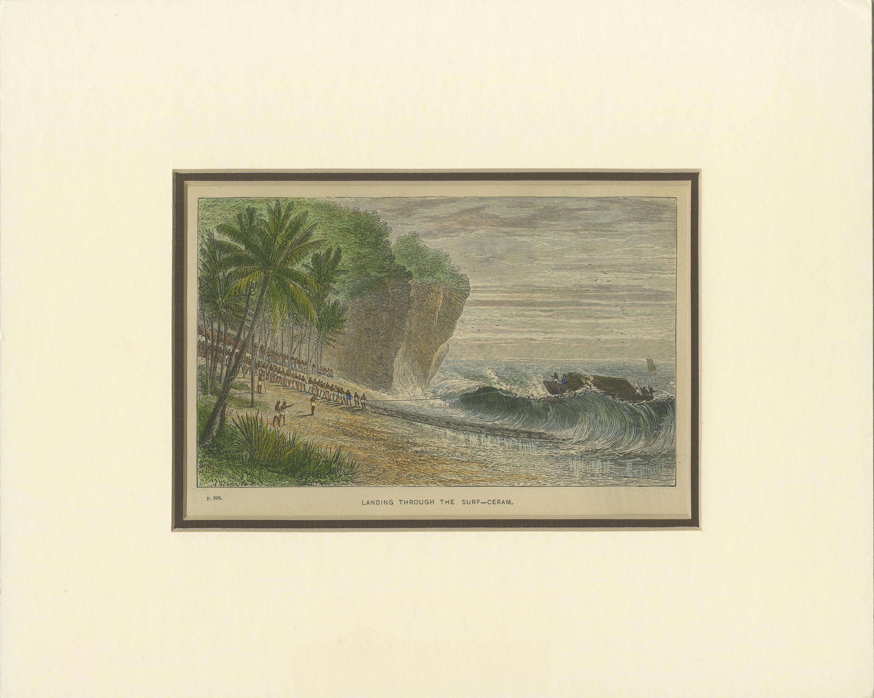 Paper Landing Through the Surf – Ceram, late 19th-century hand-coloured wood engraving For Sale