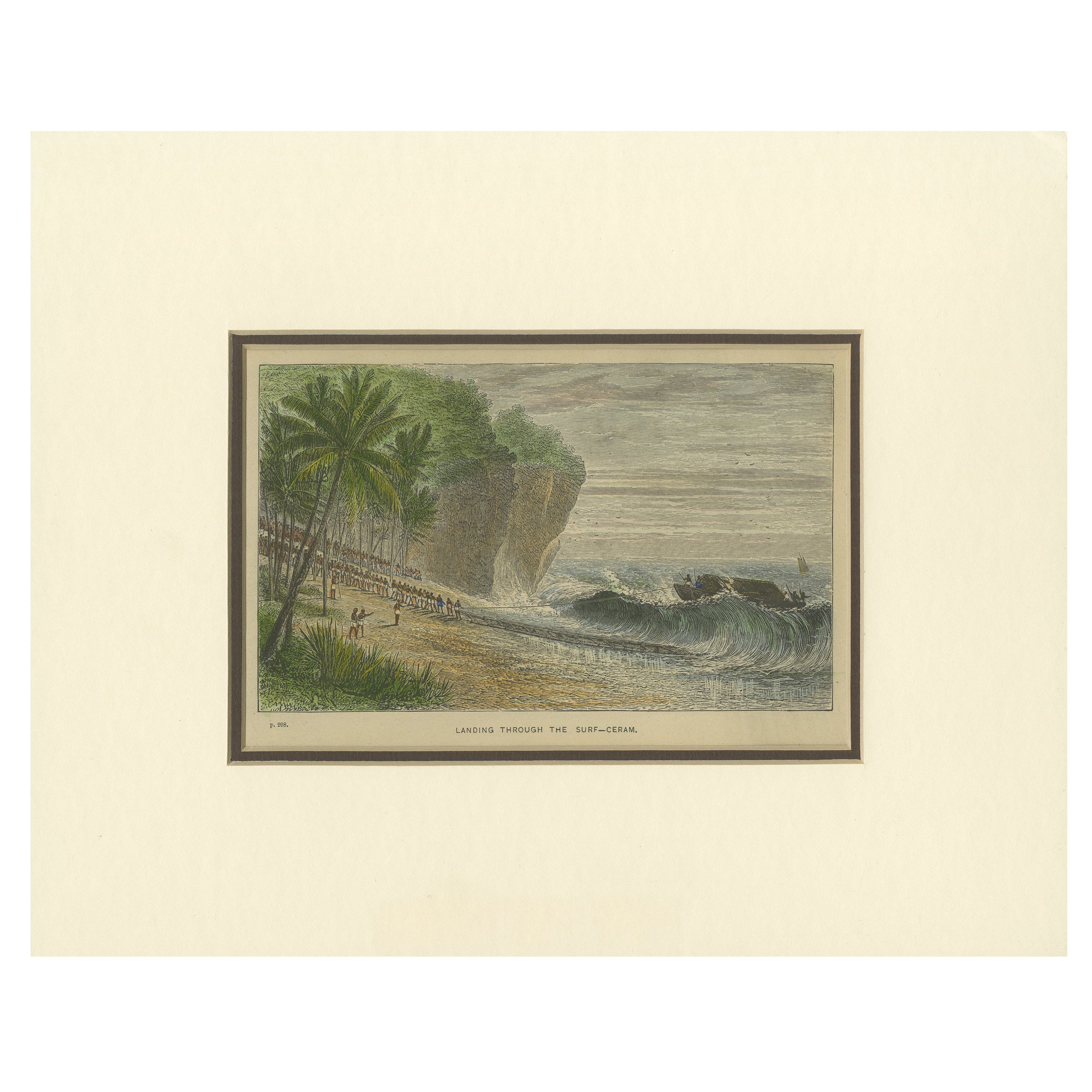 Landing Through the Surf – Ceram, late 19th-century hand-coloured wood engraving For Sale