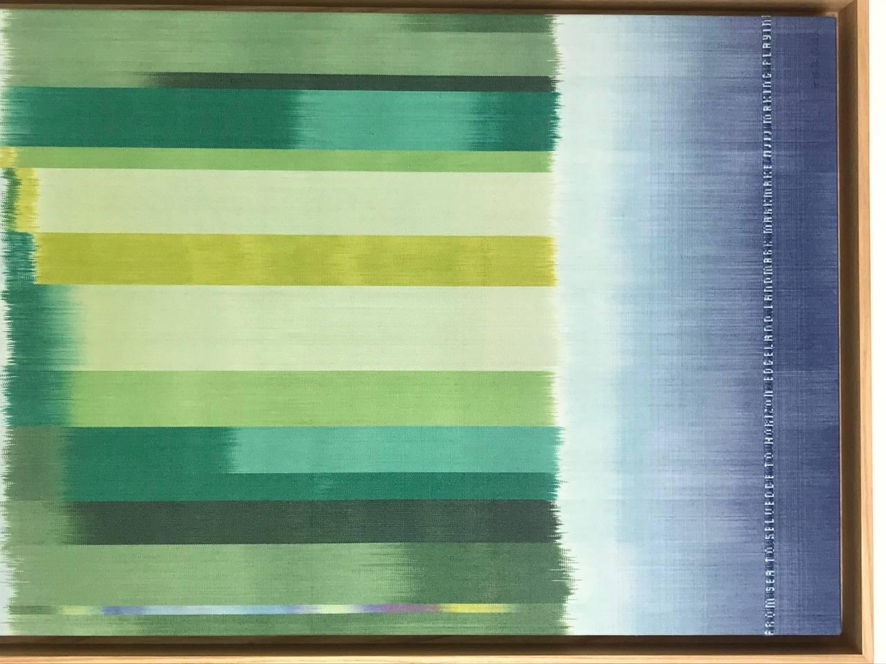 This work at first may appear a painting but is in fact a work of extraordinary skill consisting of a ‘canvas’ made of fine silk, the threads of which the artist has dyed and woven by hand on a 24 inch loom, thereby embedding colour and weaving it