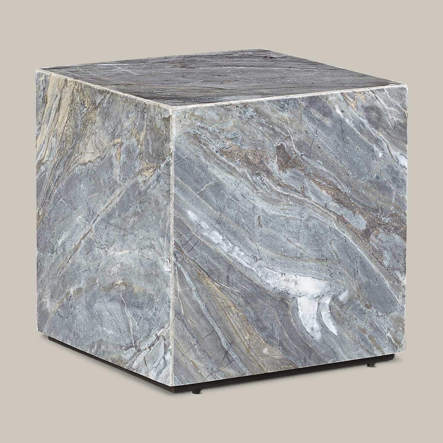 A solid blue-grey marble cube forms a multi-functional design object for use as a side table, cocktail table or decorative pedestal. Handmade by artisans in Vietnam, this piece adds a novel weight to any interior.

