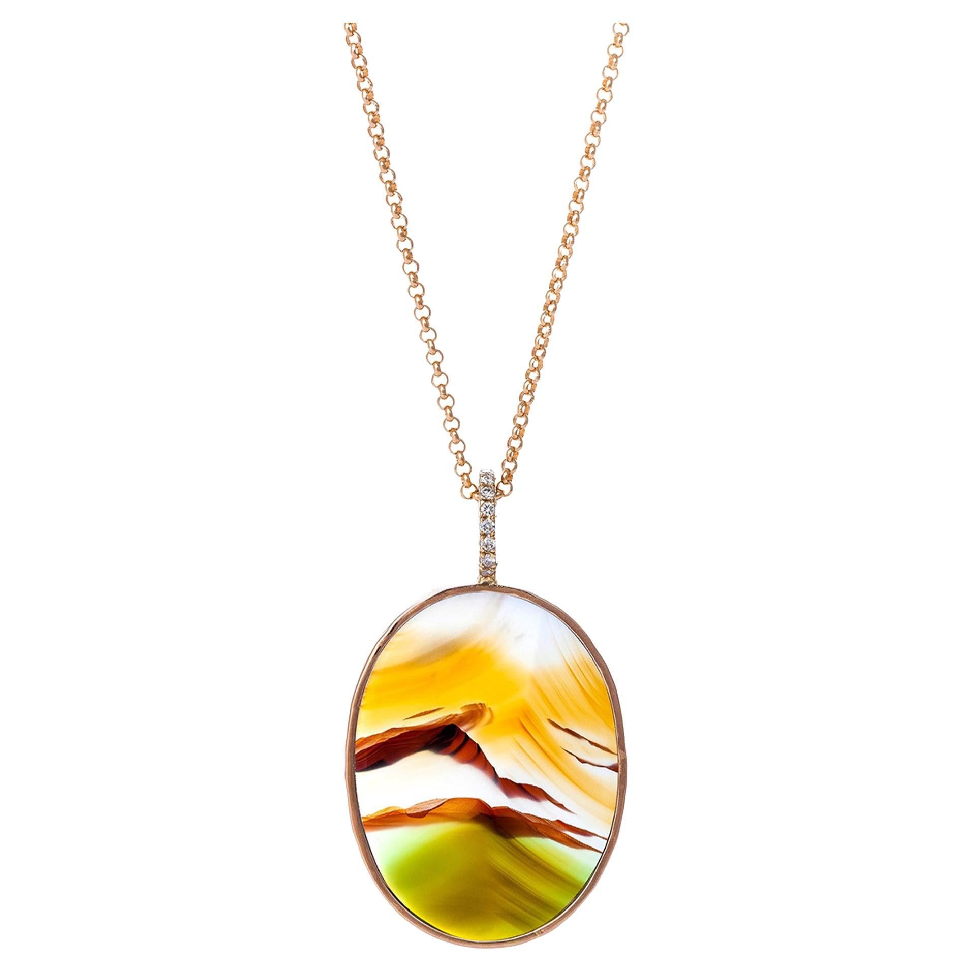 Landscape Agate Pendant, 18k Rose Gold with Diamond-Accented Hooks