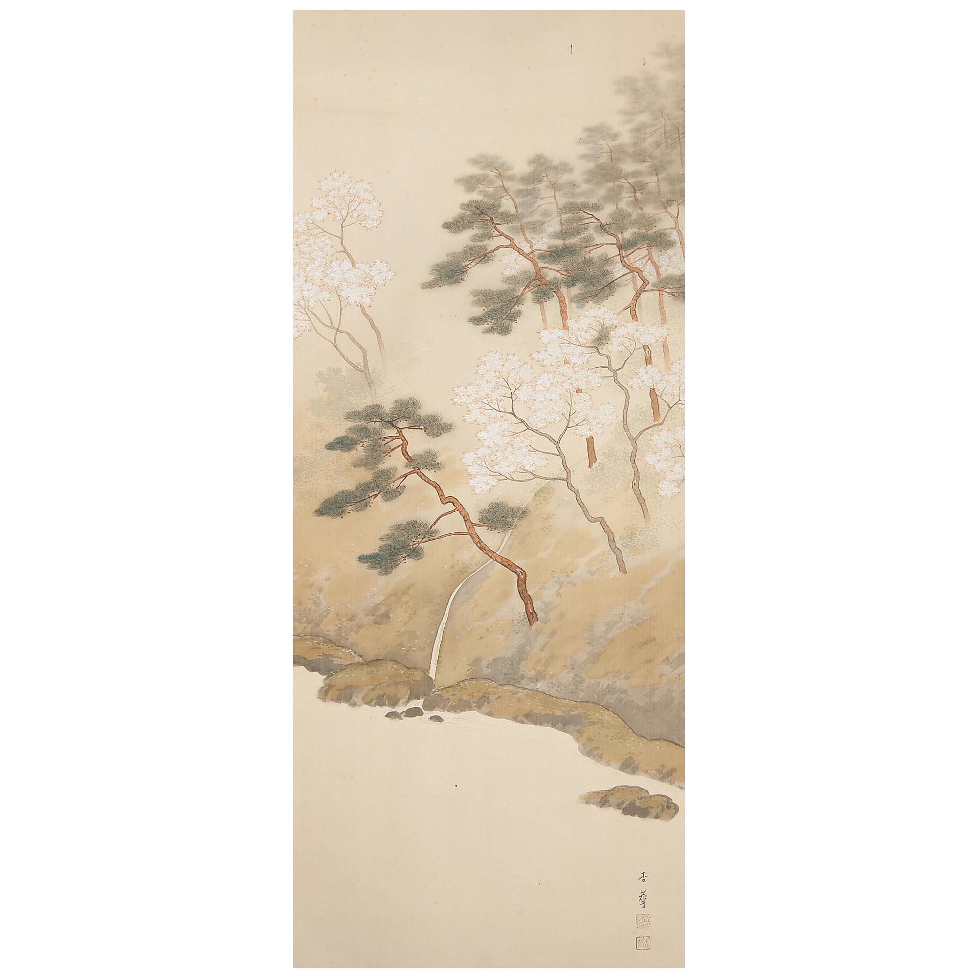 Landscape and Waterfall Nihonga Scene Showa Period Scroll Japan Artist For Sale