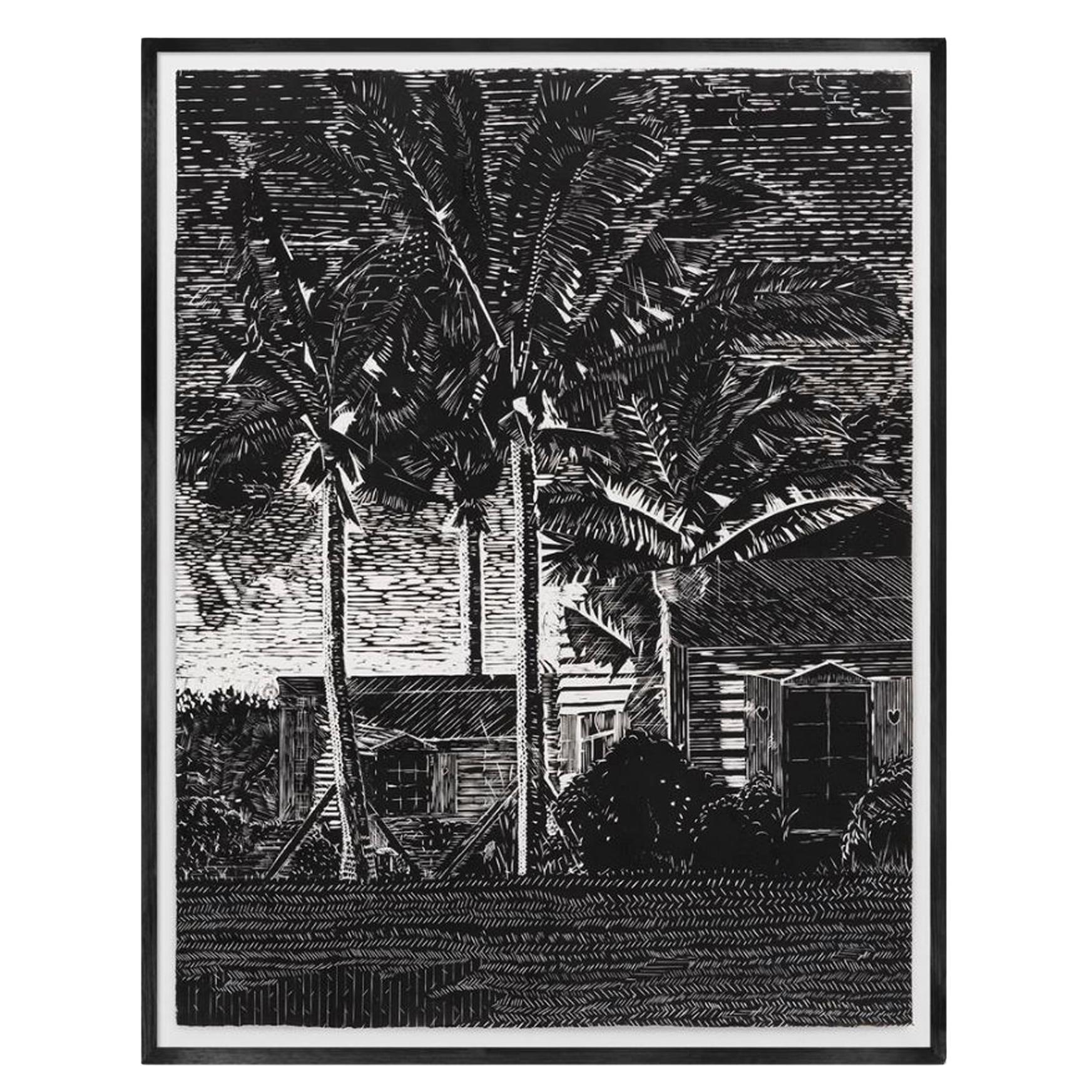 Œuvre d'art « Paysage », technique de gravure à la linogravure et d'eau-forte, noir et blanc de Miki Leal en vente