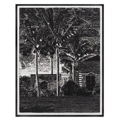 Œuvre d'art « Paysage », technique de gravure à la linogravure et d'eau-forte, noir et blanc de Miki Leal