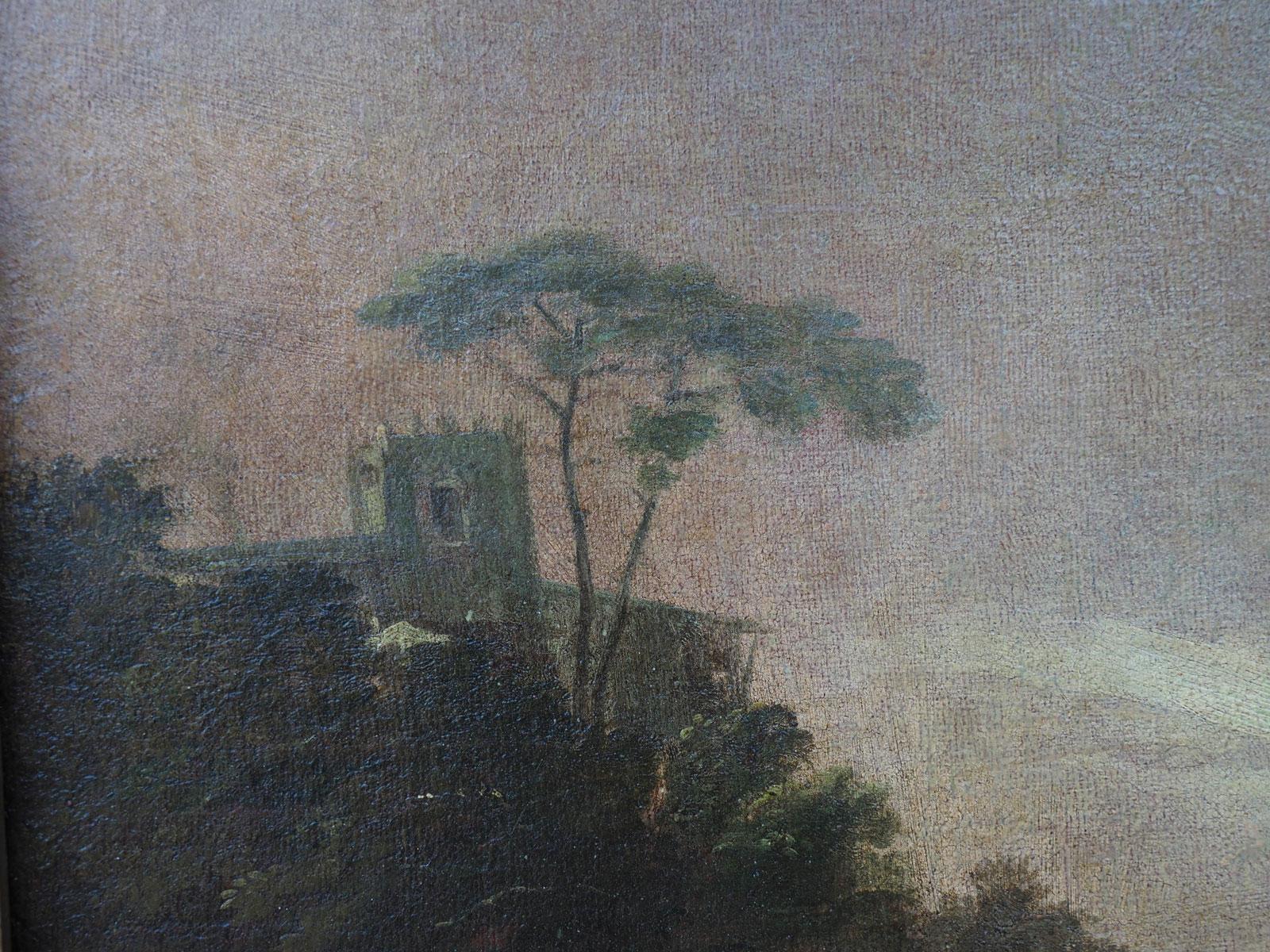 Paysage au crépuscule avec personnages par un disciple de MarCo - XVIIIe siècle
Cette peinture à l'huile sur toile représente un paysage typique de la campagne vénitienne au crépuscule. 
Le choix chromatique, à savoir la prédominance de la palette