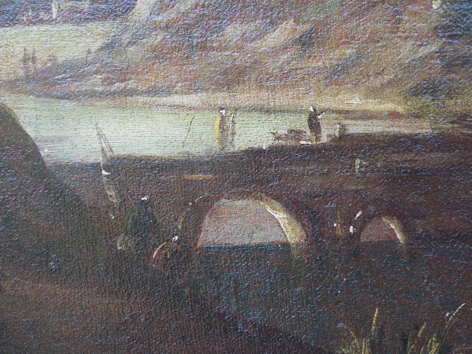 Italian Landscape at Dusk with Characters by Marco Ricci’s Follower, XVIII Century For Sale