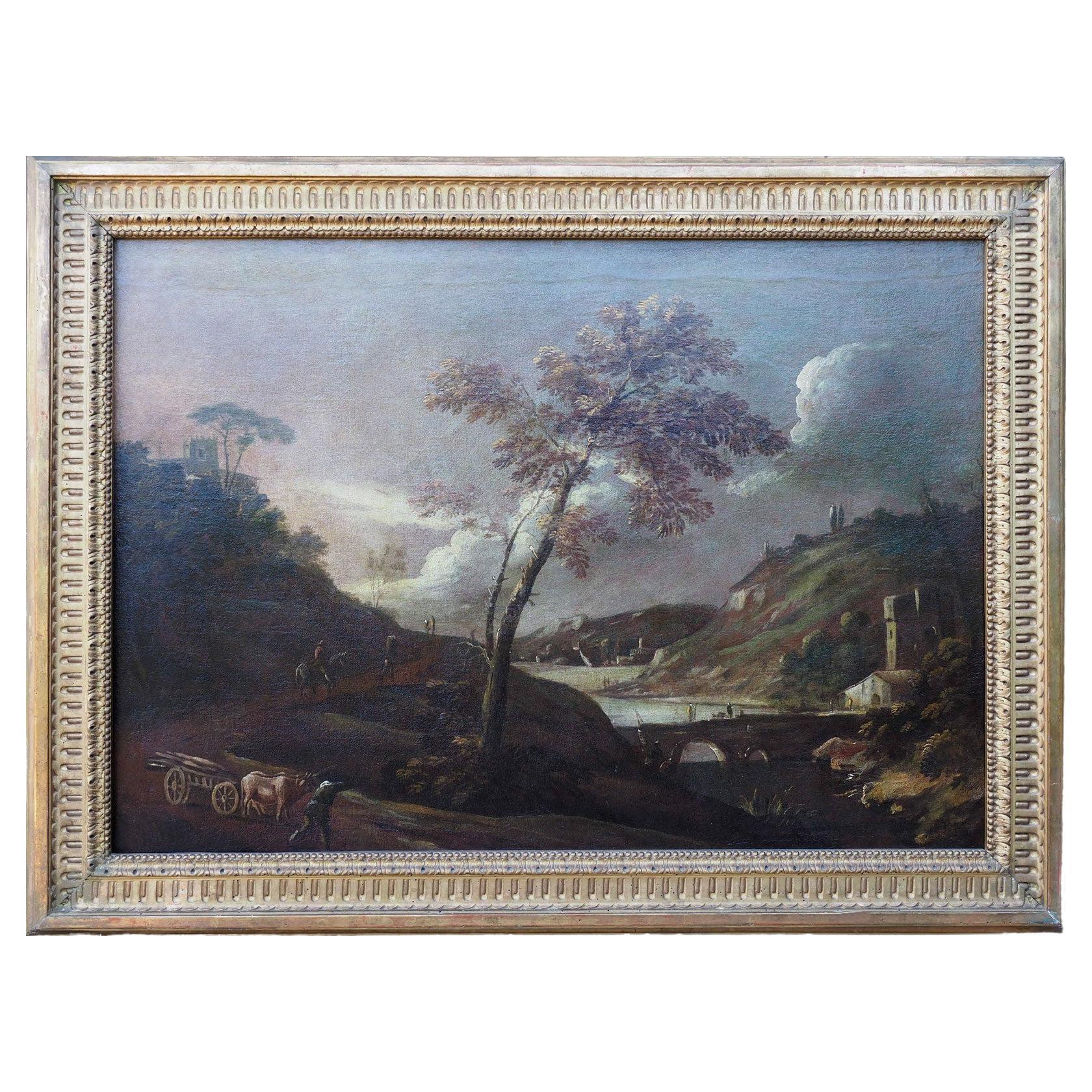 Paysage au crépuscule avec des personnages de Marco Ricci, XVIIIe siècle en vente