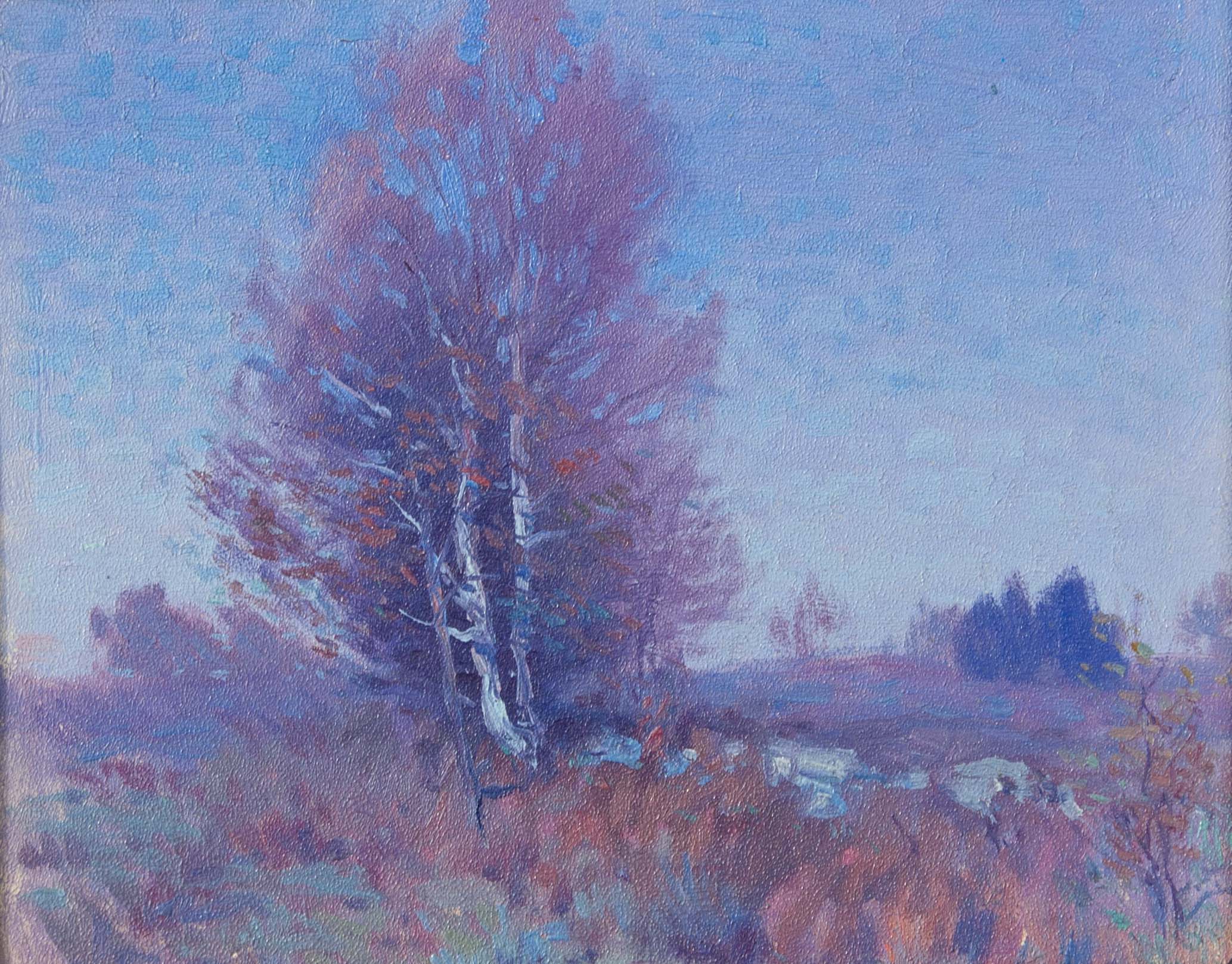 Impressionist landscape by George Renouard. Beautiful blues and mauves. Oil on academy board. Unsigned. Dated on back Oct 18 '16. 
George Renouard, was born in Rochester, New York and lived much of his life in Brooklyn and Manhattan, was a graphic