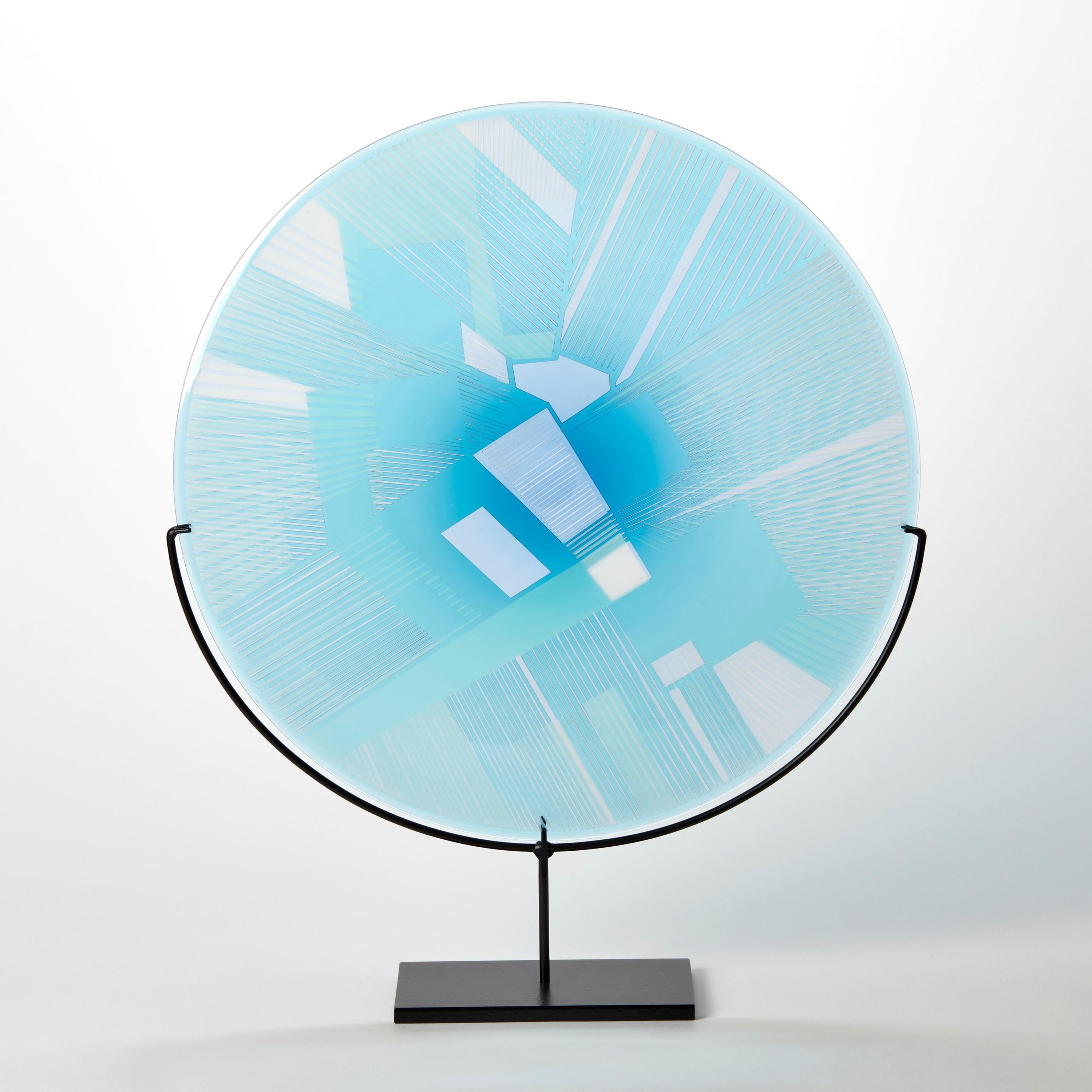 'Landscape Blue on Blue I' is a unique blue and aqua hand-blown and etched glass sculptural plate by the British artist Kate Jones, with a painted steel base.

Created with Stephen Gillies, with whom Jones makes many works in collaboration, these