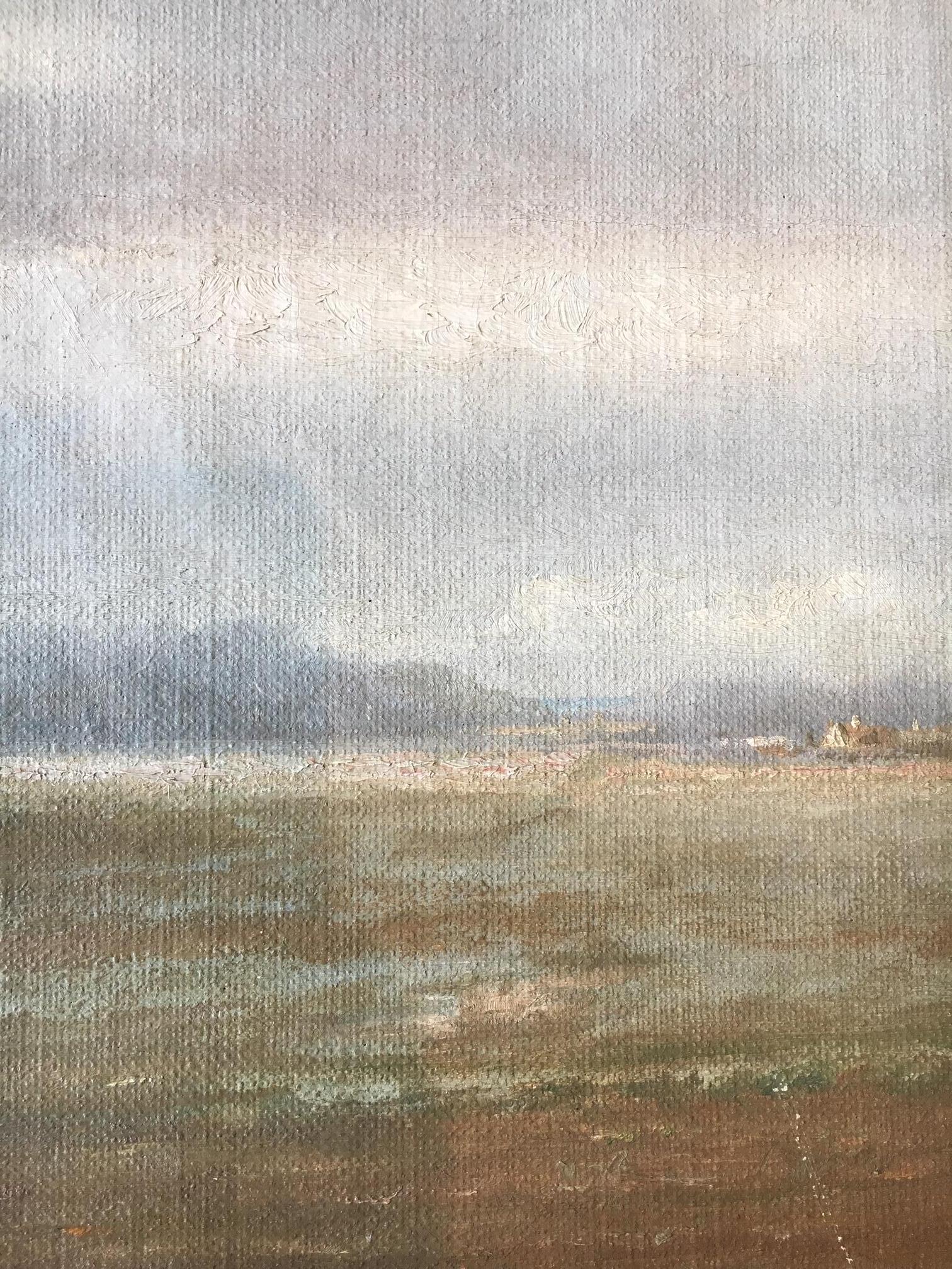 Beautiful misty landscape with sunlight filtering down on a farmhouse and field. Oil on canvas by H.C. Kliim, 1916.