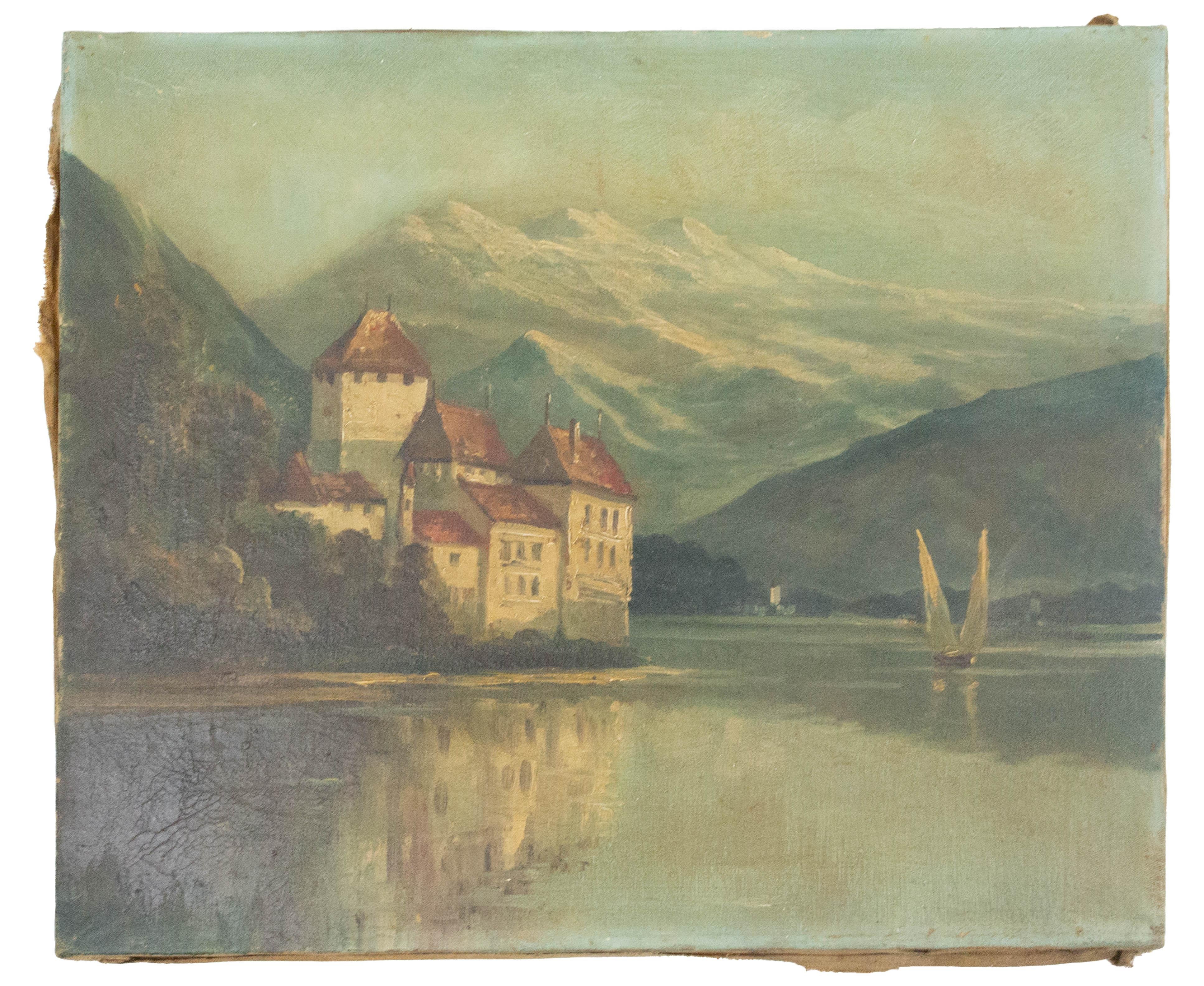 Oil on canvas representing Chateau Chillon at the edge of the Leman Lake
Late 19th century, Switzerland
Good condition

Shipping:
L 45/2/38.
   