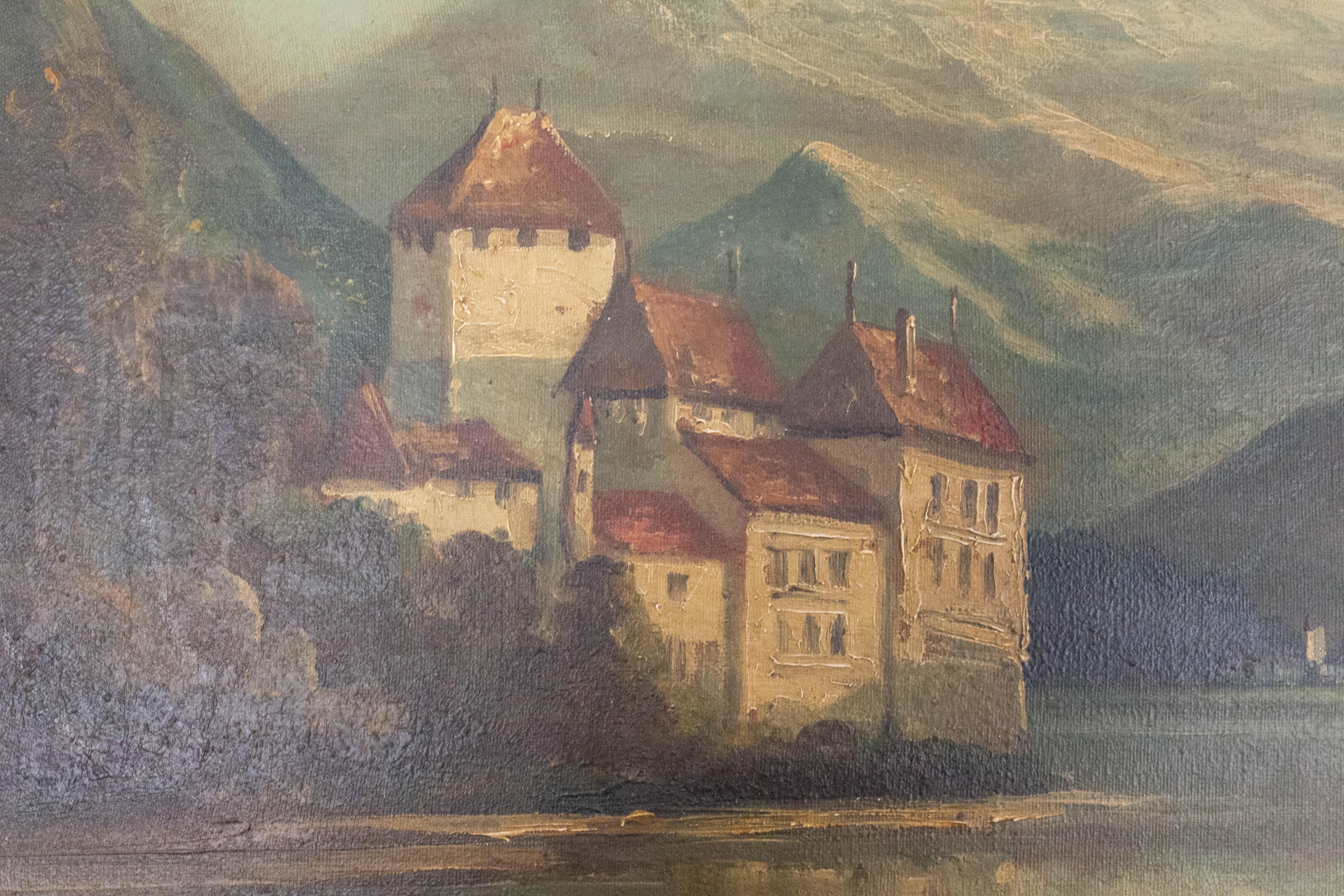 Neoclassical Landscape Chateau Chillon Leman Lake, Switzerland, Late 19th Century For Sale