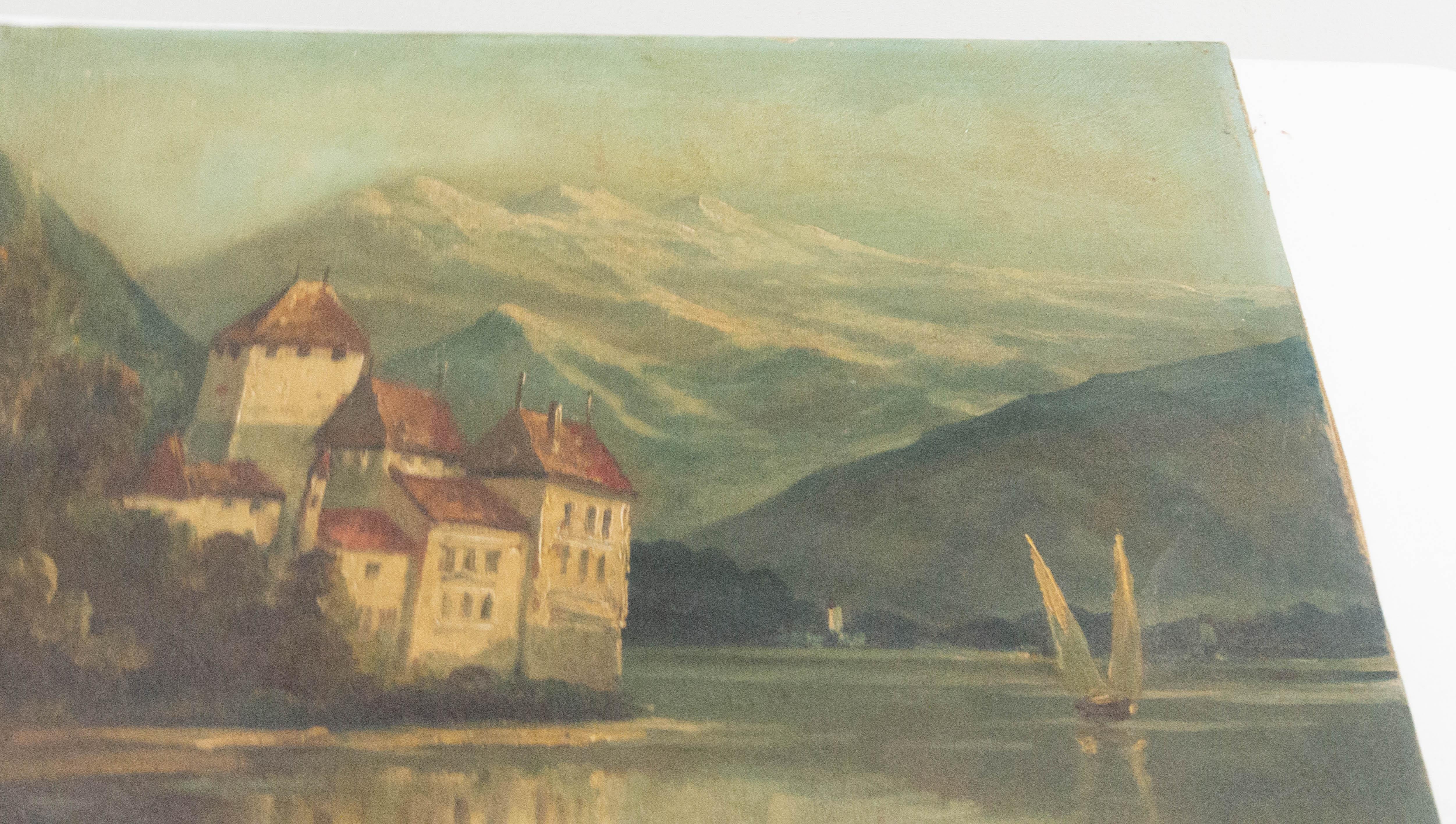 Canvas Landscape Chateau Chillon Leman Lake, Switzerland, Late 19th Century For Sale