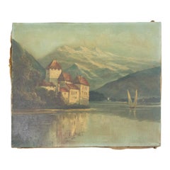 Paysage de château, lac Chillon Leman, Suisse, fin du 19ème siècle